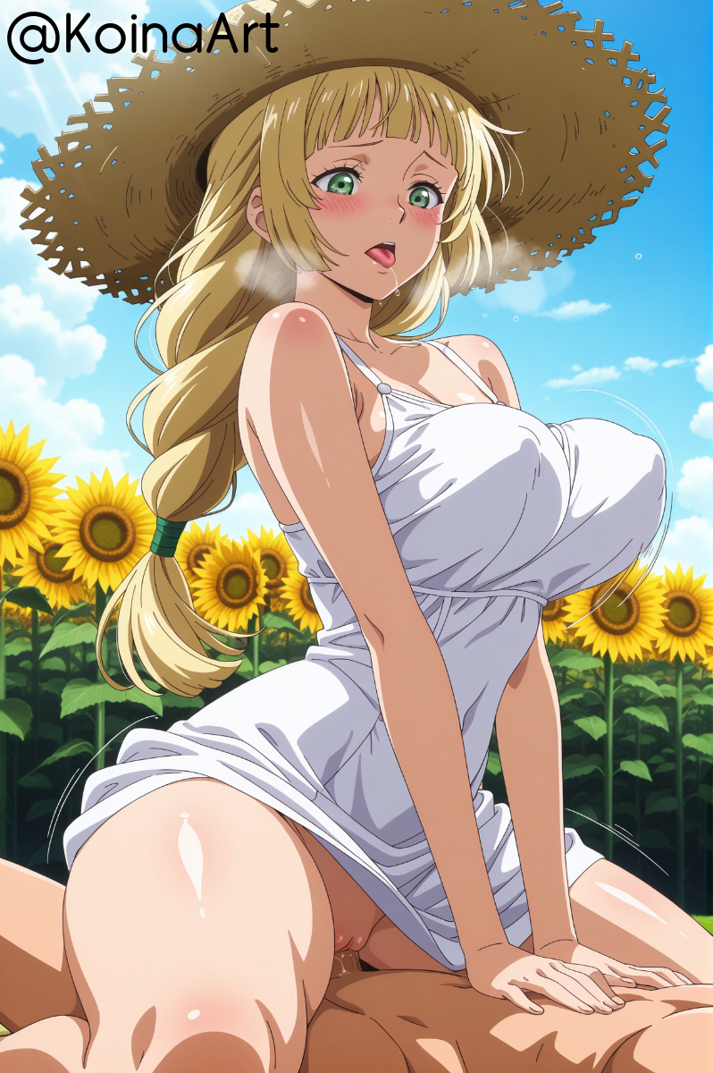 ai generated, blonde female, blonde hair, bouncing breasts, breasts, cleavage, cowgirl position, dress, female, fire emblem, fire emblem: three houses, gluteal fold, green eyes, highres, huge ass, huge breasts, ingrid brandl galatea, koinaart, looking down, on top, patreon, perky breasts, saliva, sex, stable diffusion, straddling, straw hat, sun hat, sundress, thick thighs, tongue, tongue out