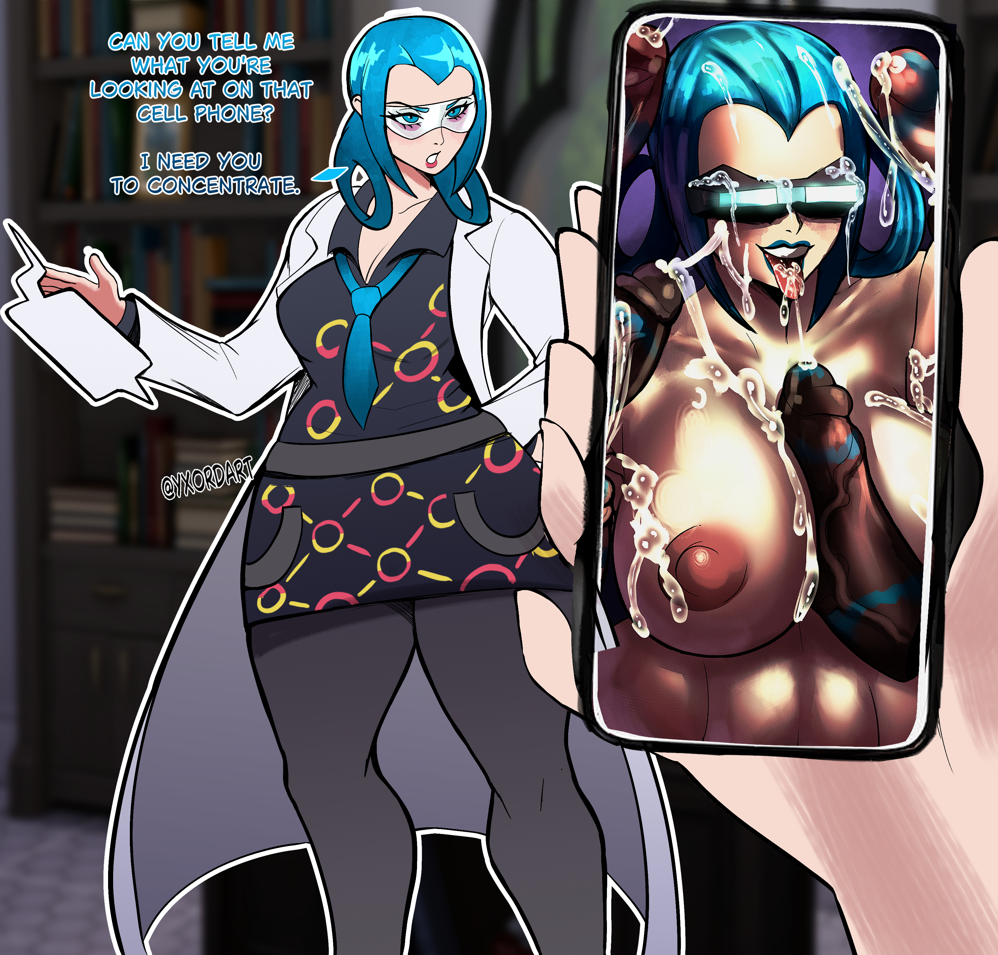 1girls, 2d, big breasts, big thighs, blue hair, blue lipstick, breasts, casual, cellphone, color, cum, cum in mouth, dark skin, dark-skinned male, dialogue, english text, female, female focus, full color, game freak, juxtaposition, lipstick, lipstick mark, mable (pokemon legends: z-a), mable (pokemon xy), mable (pokemon), male, momiji (pokemon legends: z-a), momiji (pokemon xy), momiji (pokemon), multiple penises, nintendo, orgy, penis, phone, pokemon, pokemon legends: z-a, pokemon xy, straight, surrounded by penises, team flare, text, tinted eyewear, visor, yxordart