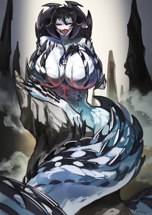 between breasts, breasts, clouds, dalamadur, draconcopode, fangs, fangs out, female, forked tongue, giantess, lamia, monster hunter, naga, purple tongue, red eyes, snake, snake girl, spikes, spikes (anatomy), spikes on back, spines, tagme, tagme (artist), white scales, white skin