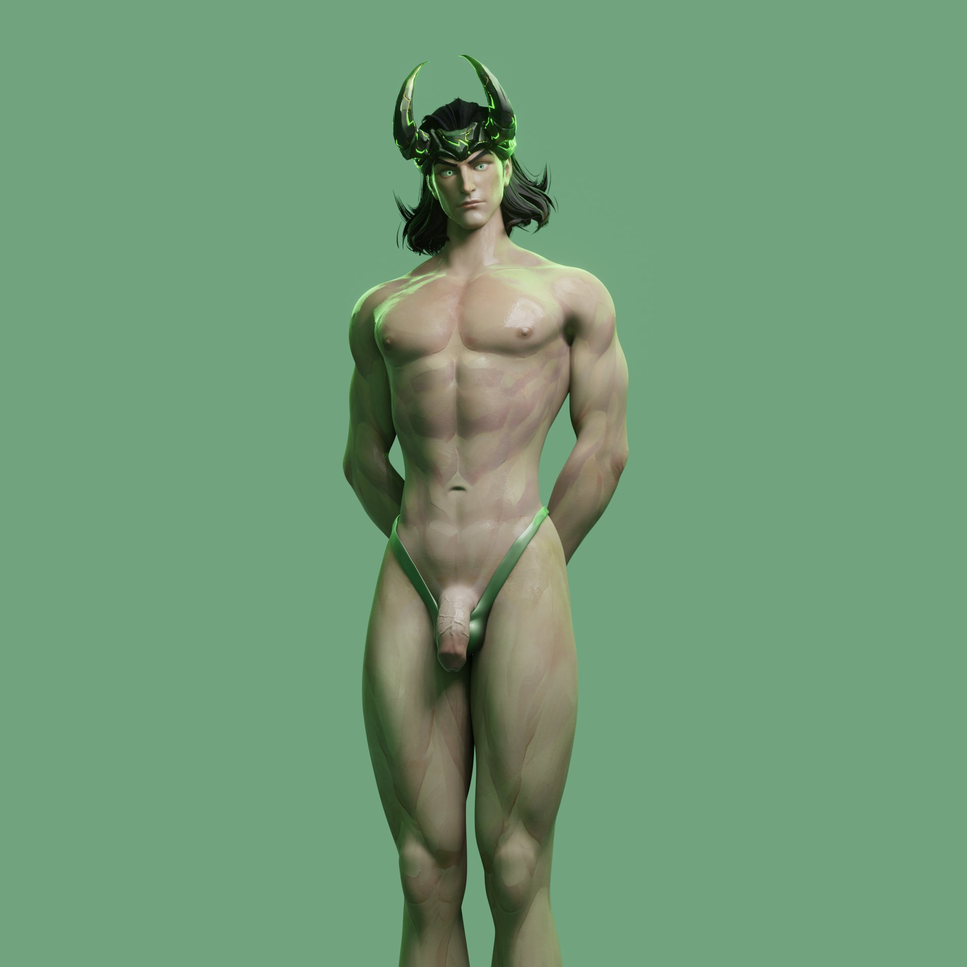 3d, 3d (artwork), 3d artwork, abs, bob cut, bonoimma, chest, dick out of underwear, foreskin, green eyes, hands behind back, loki (marvel rivals), loki (marvel), male, male only, marvel, marvel comics, marvel rivals, naked, naked male, nude, nude male, penis, six pack, soft, solo, solo male, standing, tagme, thong, uncircumcised, uncircumcised penis, veins on cock, veins on dick, veins on penis, veiny cock, veiny dick, veiny penis