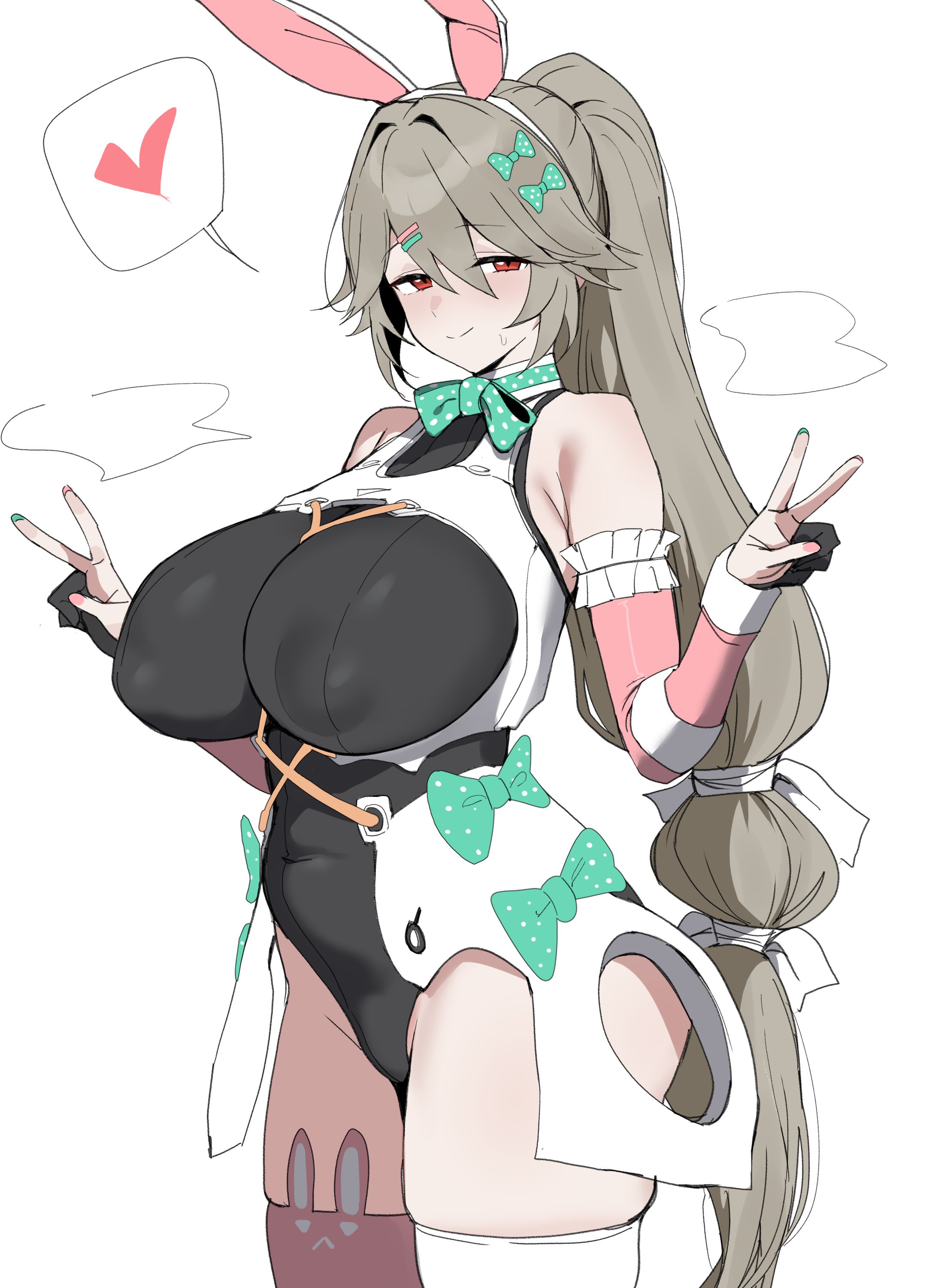 1girls, alexandrina sebastiane, alternate costume, angels of delusion, aria (zenless zone zero), aria (zenless zone zero) (cosplay), big breasts, blush, breasts, bunny ears, bunnysuit, cosplay, female, female focus, female only, highres, large breasts, looking at viewer, simple background, skindentation, solo, solo female, v, v sign, white background, xipa, zenless zone zero