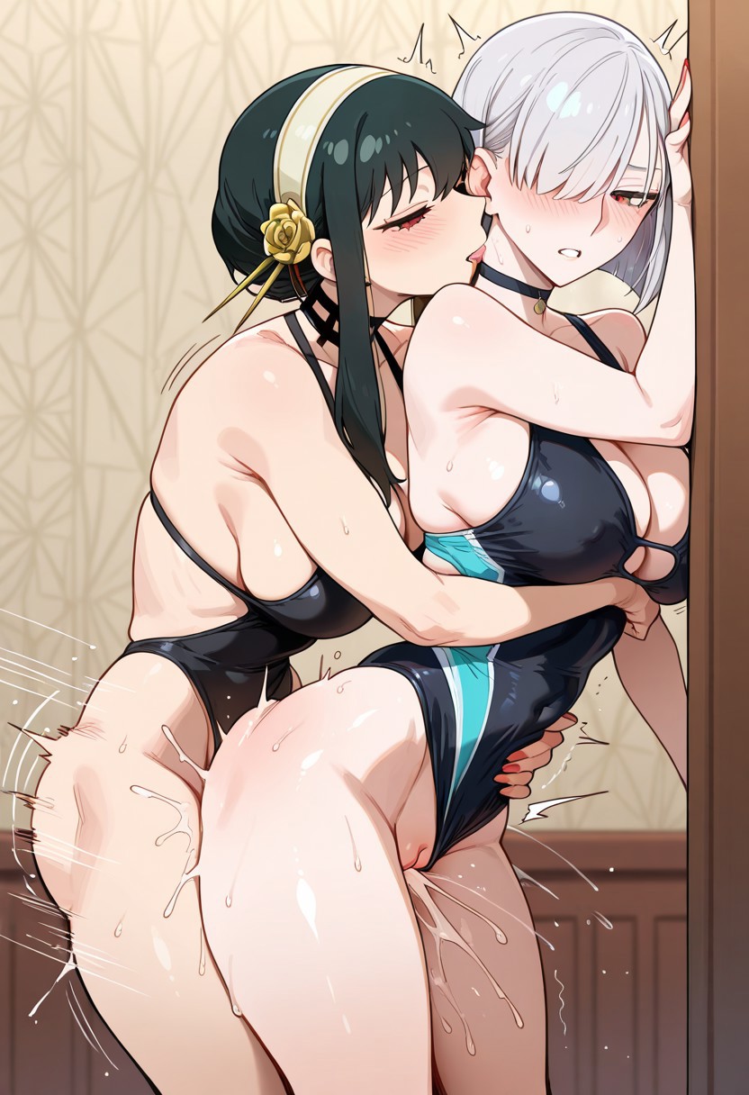 1futa, 2girls, ai generated, armpits, big breasts, big penis, bikini, black hair, breasts, choker, female, fiona frost, futa on female, futanari, green eyes, grey hair, intersex, kissing neck, ornament, penis, pussy, red eyes, spy x family, stable diffusion, standing, swimsuit, vaginal penetration, yor briar, yor forger