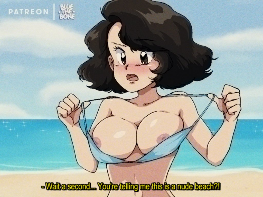 areolae, artist self-insert, beach, bikini, bikini top, bluethebone, bluethebone (character), blushing, breasts, brown eyes, brown hair, cute, english text, female, inverted nipples, large breasts, nipples, original, patreon username, presenting breasts, retro artstyle, short hair, subtitled, undressing