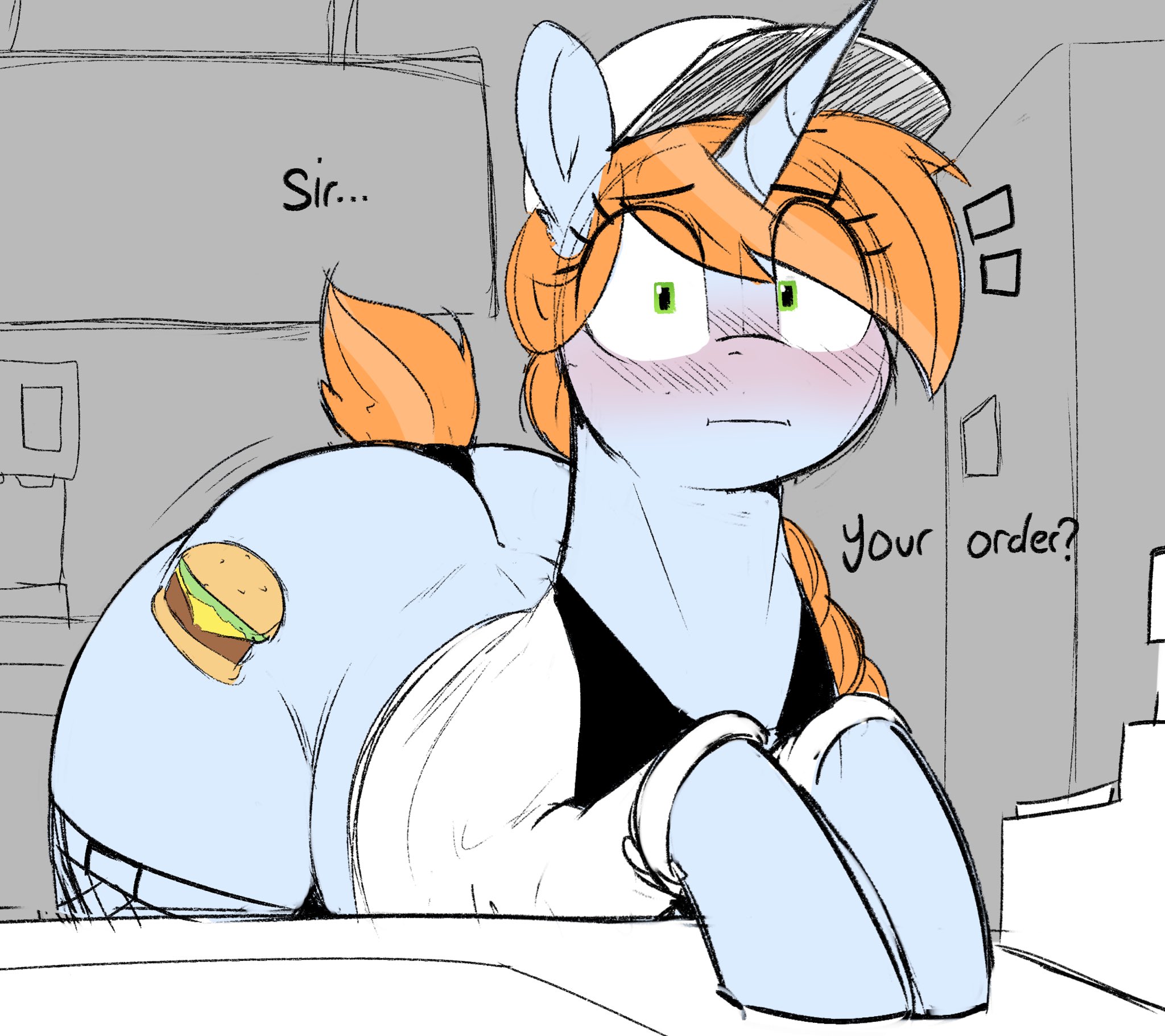 ass, big butt, blue body, blush, braided hair, brown hair, brown tail, butt crack, clothed, clothed feral, clothing, dialogue, double decker (ebonyglow), english text, equid, equine, eyebrows, eyelashes, fan character, female, feral, fishnet clothing, fishnet legwear, green eyes, hair, hasbro, hat, headgear, headwear, hi res, horn, inside, legwear, long hair, looking at viewer, mammal, motion lines, my little pony, mythological creature, mythological equine, mythology, quadruped, solo, tail, talking feral, text, thick thighs, thigh highs, unicorn, unicorn horn, welost