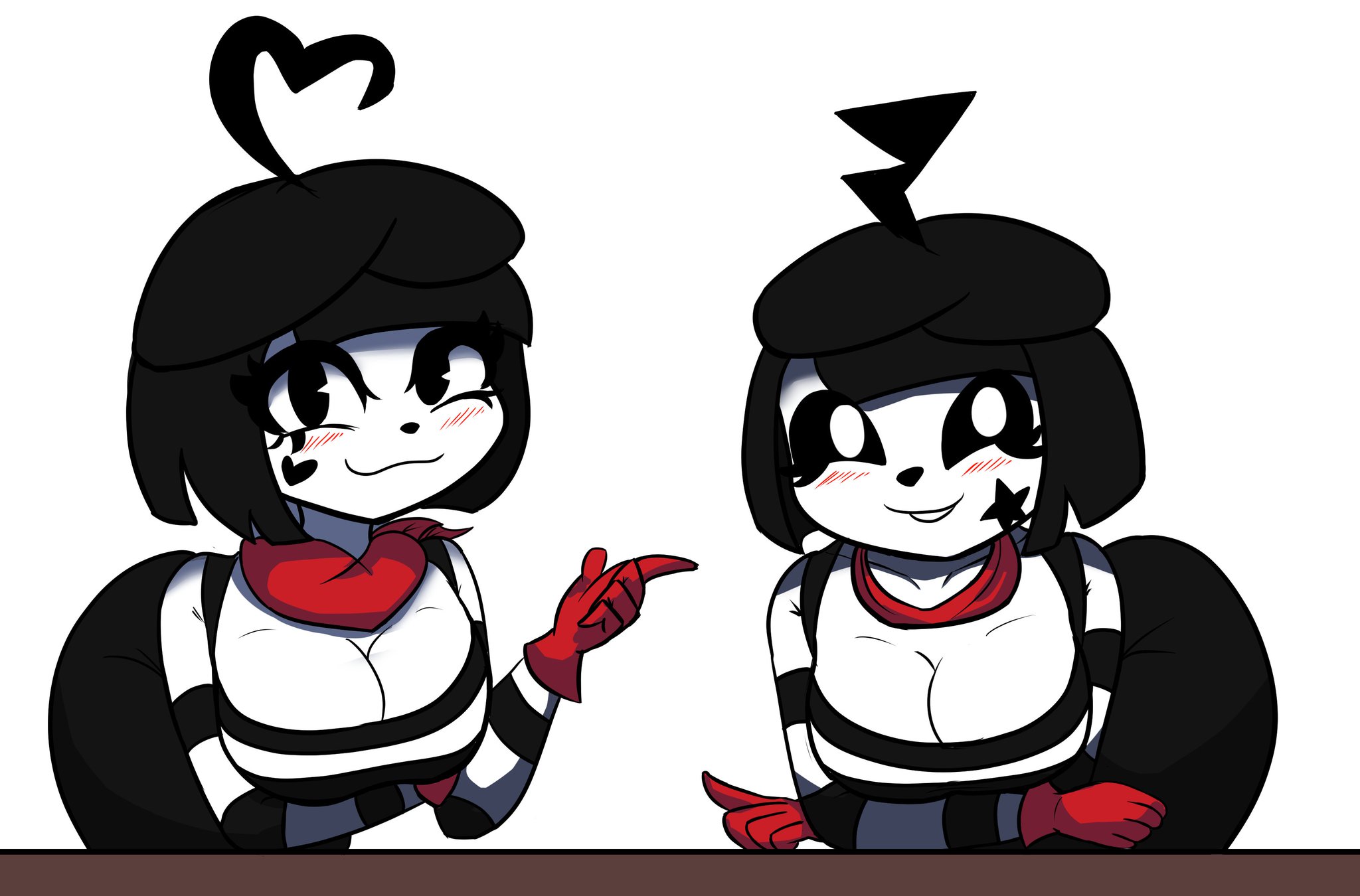 2021, 2021s, 2d, 2d (artwork), 2d artwork, 2girls, big breasts, black eyes, black hair, black sclera, blush, bob cut, bonbon (derpixon), breasts, chuchu (derpixon), cleavage, clothed, clothing, digital art, digital drawing, digital drawing (artwork), digital media, digital media (artwork), digital painting, digital painting (artwork), duo, female, female focus, female only, gloves, handwear, hat, headgear, headwear, heart on cheek, heart symbol, huge breasts, large breasts, looking at viewer, mime, mime and dash, mime girl, multiple females, multiple girls, red gloves, red handwear, red scarf, samy creamy berry, scarf, short black hair, short hair, simple background, smile, smiling at viewer, star (symbol), star on cheek, table, tagme, teeth, thick thighs, thighs, white background, white body, white eyes, white skin, wide hips