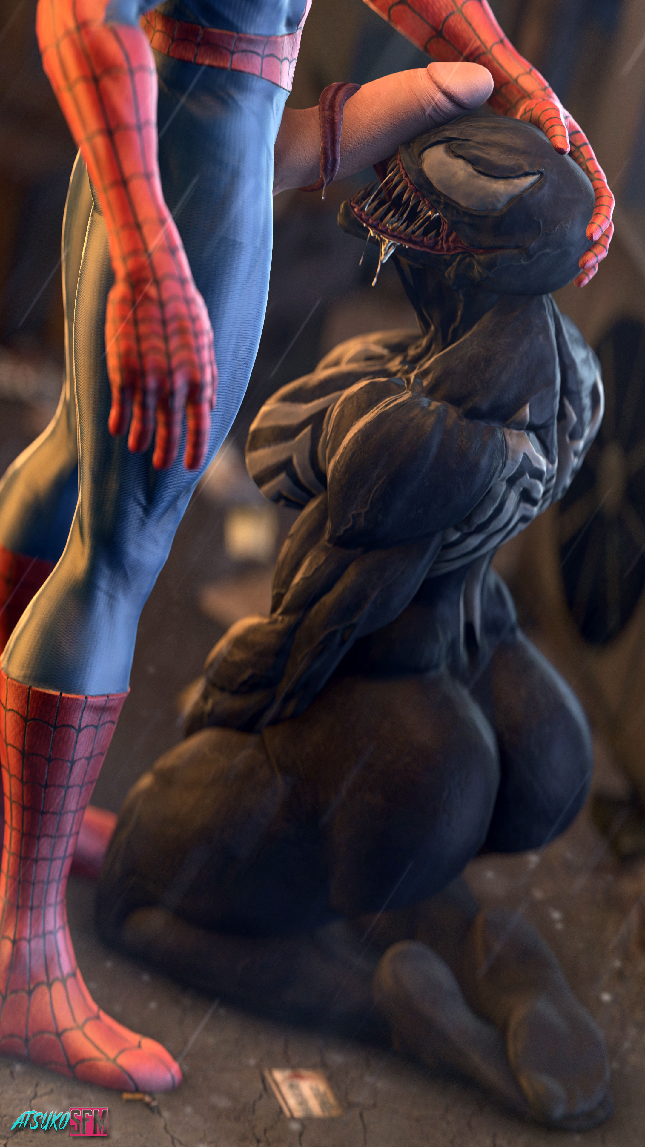 1boy, 1girls, 3d, alien, ass, atsuko (artist), back, barefoot, big ass, big breasts, big penis, black skin, bodysuit, breasts, clothed male nude female, cum, cum in mouth, drooling, erection, feet, female, hand on head, huge ass, human, humanoid, interspecies, kneeling, large penis, licking, licking penis, long tongue, male, male human/female alien, male human/female humanoid, marvel, marvel comics, muscles, muscular, muscular female, nude, on knees, open mouth, oral, outdoors, penis, penis on face, penis on head, peter parker, rain, raining, saliva, sharp teeth, she-venom, sideboob, smile, soles, source filmmaker, spider-man, spider-man (series), standing, straight, superhero, symbiote, teeth, text, thick thighs, thighs, toes, tongue, tongue out, tonguejob, venom (marvel), watermark, white eyes, wide hips