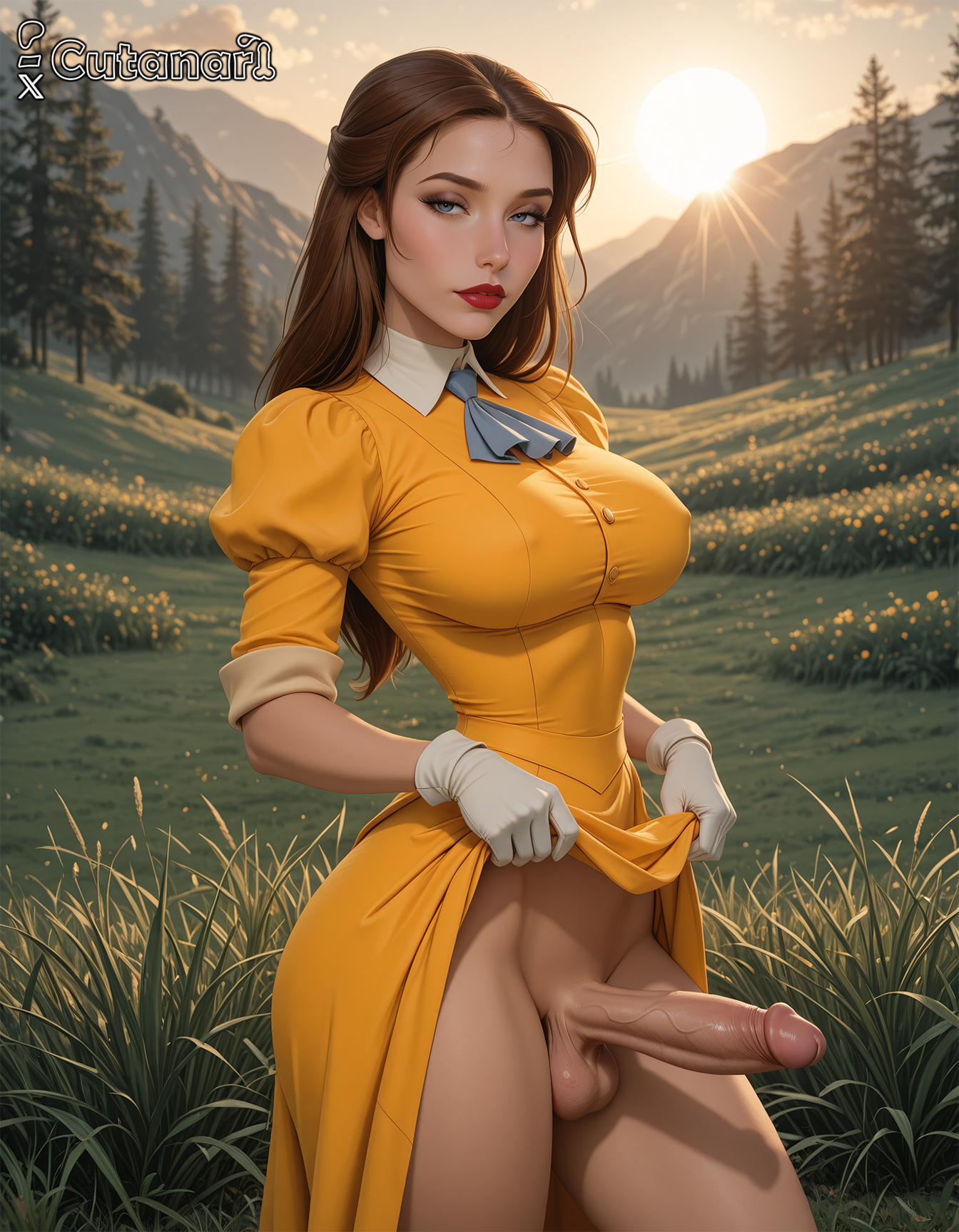 1futa, abs, ai generated, balls, big balls, big breasts, breasts, curvy, cutanari, dickgirl, disney, futa only, futa sans pussy, futanari, intersex, jane porter, jane porter (disney), looking at viewer, nipples, nude, penis, perfect body, ready to fuck, small waist, smile, solo, tan skin, tarzan, testicles