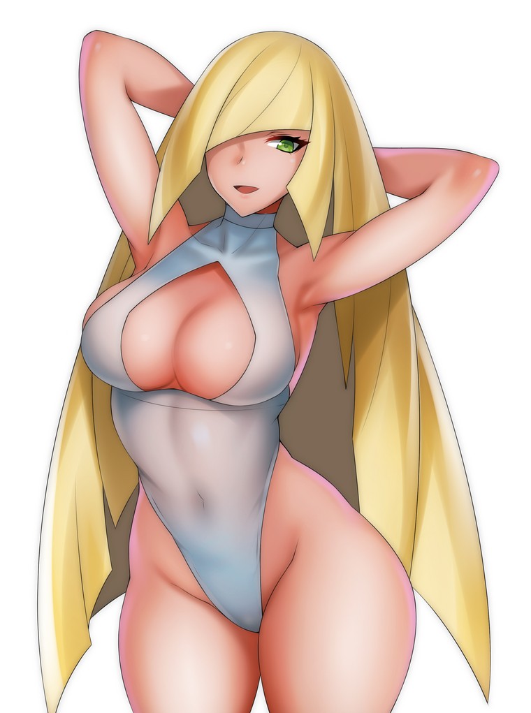 1girls, aether foundation, armpits, arms up, ass, bare shoulders, belly, blonde hair, breasts, busty, cleavage, eyelashes, female, female only, green eyes, hair over one eye, hands behind head, human, large ass, large breasts, long hair, looking at viewer, lusamine (pokemon), milf, navel, nintendo, open mouth, pokemon, pokemon sm, revealing clothes, see-through, sideboob, smile, solo, standing, swimsuit, thick thighs, tongue, white background, white swimsuit, wide hips