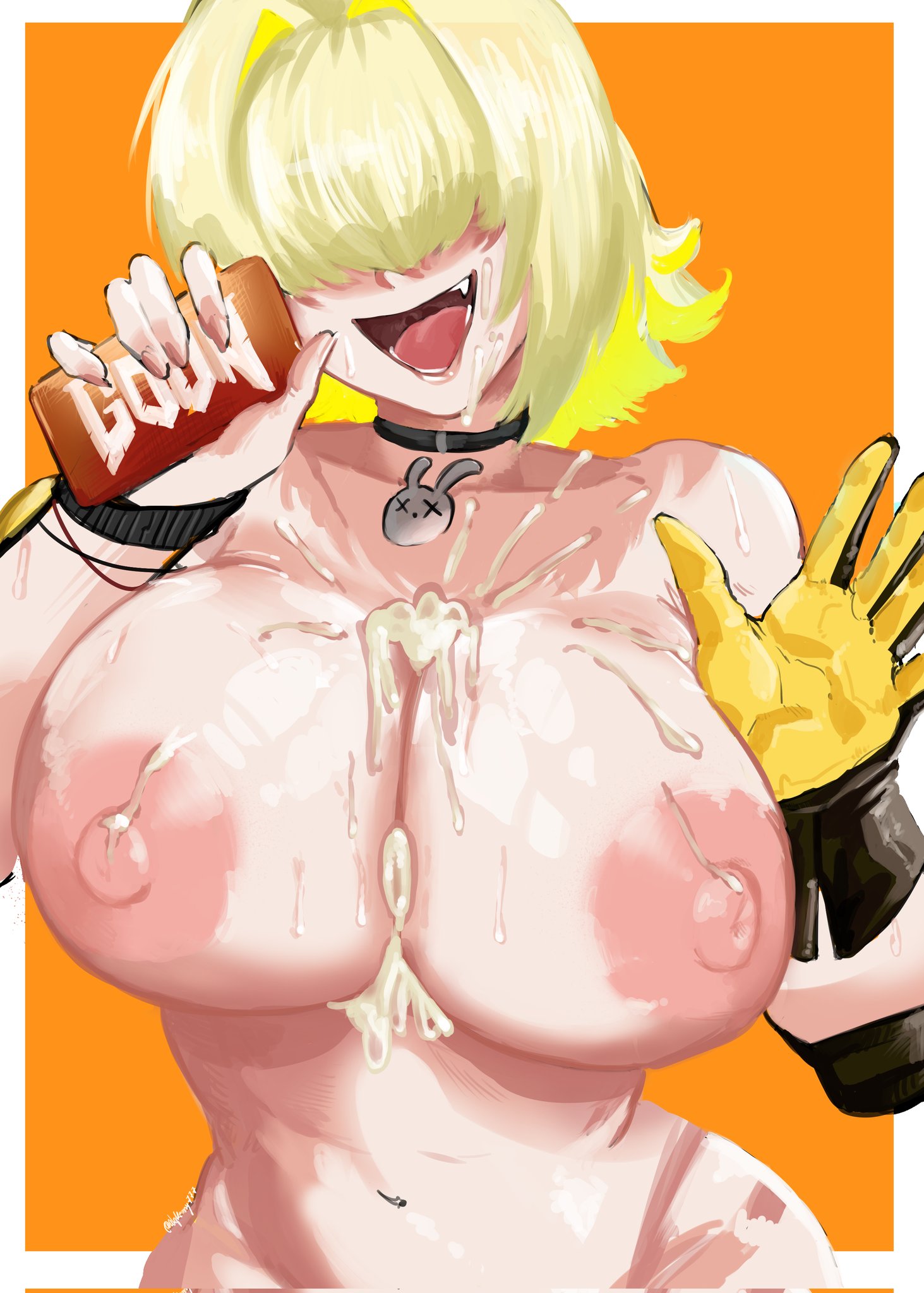 alqkemy777, badonkadonks, big breasts, blonde hair, boobs, breasts, choker, chubby, covered eyes, cum, cum drip, cum in breasts, cum on body, cum on breasts, cum on face, cum on nipples, elegg (nikke), fang, fat tits, female, gloves, goddess of victory: nikke, hair over eyes, huge breasts, nikke, phone, short hair, smile, sweat, tactical nudity, tagme, tits