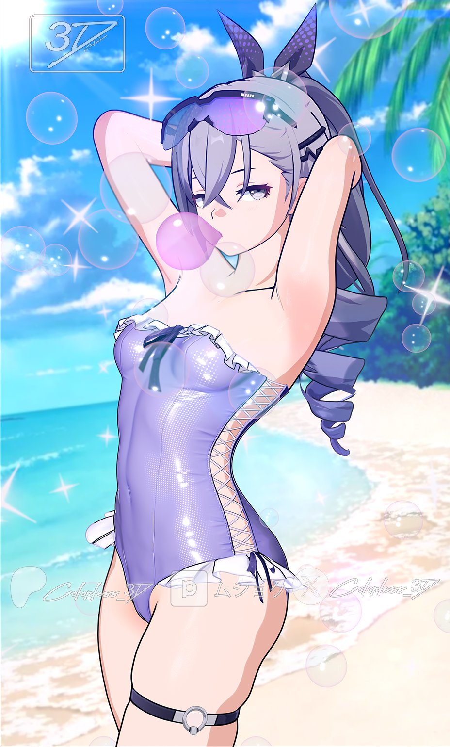 1girls, 3d, anime, beach, colorless 3d, ecchi, female, hands behind head, honkai: star rail, looking at viewer, not porn, seductive look, silver wolf (honkai: star rail), swimsuit, thighs