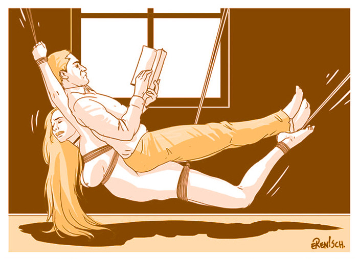 1boys, 1girls, 2d, blonde hair, bondage, book, bound, clothed male nude female, commodification, erenisch, female, female submissive, femsub, forniphilia, hammock, human, human furniture, illustration, legal slavery, light skin, light-skinned female, light-skinned male, living furniture, long hair, male, maledom, naked, nude, nude female, reading book, rope, rope bondage, slave, slave collar, slave girl, suspension, suspension bondage