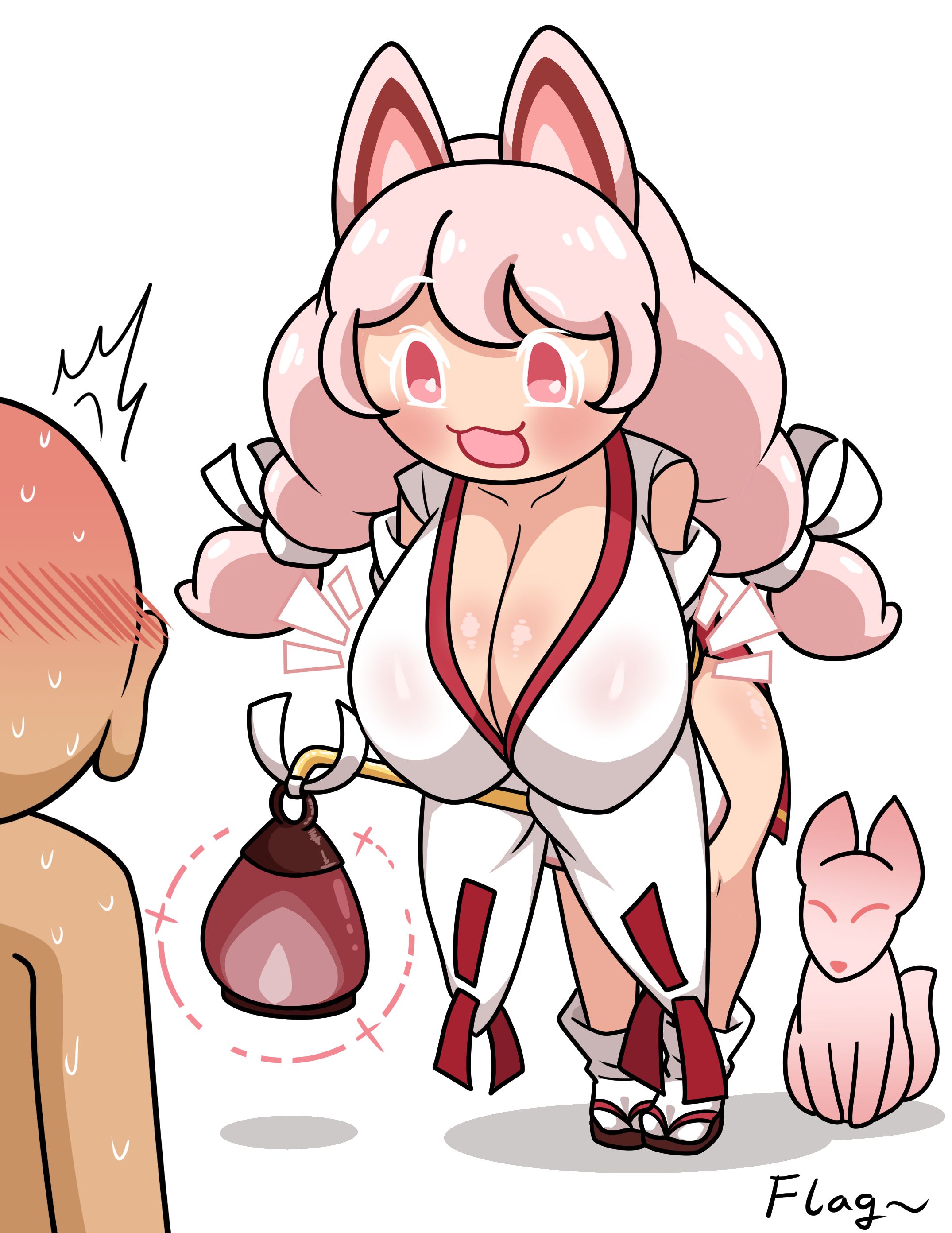 1boy, 1boy1girl, 1girls, anonymous male, big breasts, breasts, cookie run, cookie run: tower of adventures, female, flag (artist), fox ears, fox girl, long hair, male, pink eyes, pink hair, strawberry mochi cookie, tagme