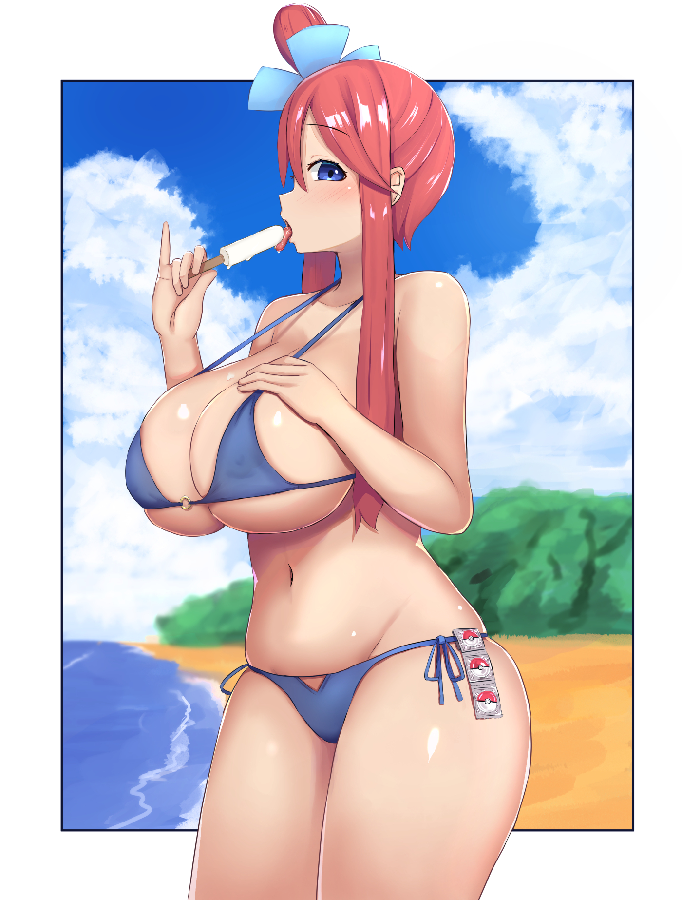 blue eyes, blush, breasts, cleavage, condom wrapper, female, food, hand on breast, huge breasts, ice cream, large breasts, licking, long hair, looking at viewer, navel, o-ring, o-ring bikini, pokemon, red hair, sexually suggestive, shidaidaka, side-tie bikini, skyla (pokemon), standing, straight hair, swimsuit, tongue, tongue out