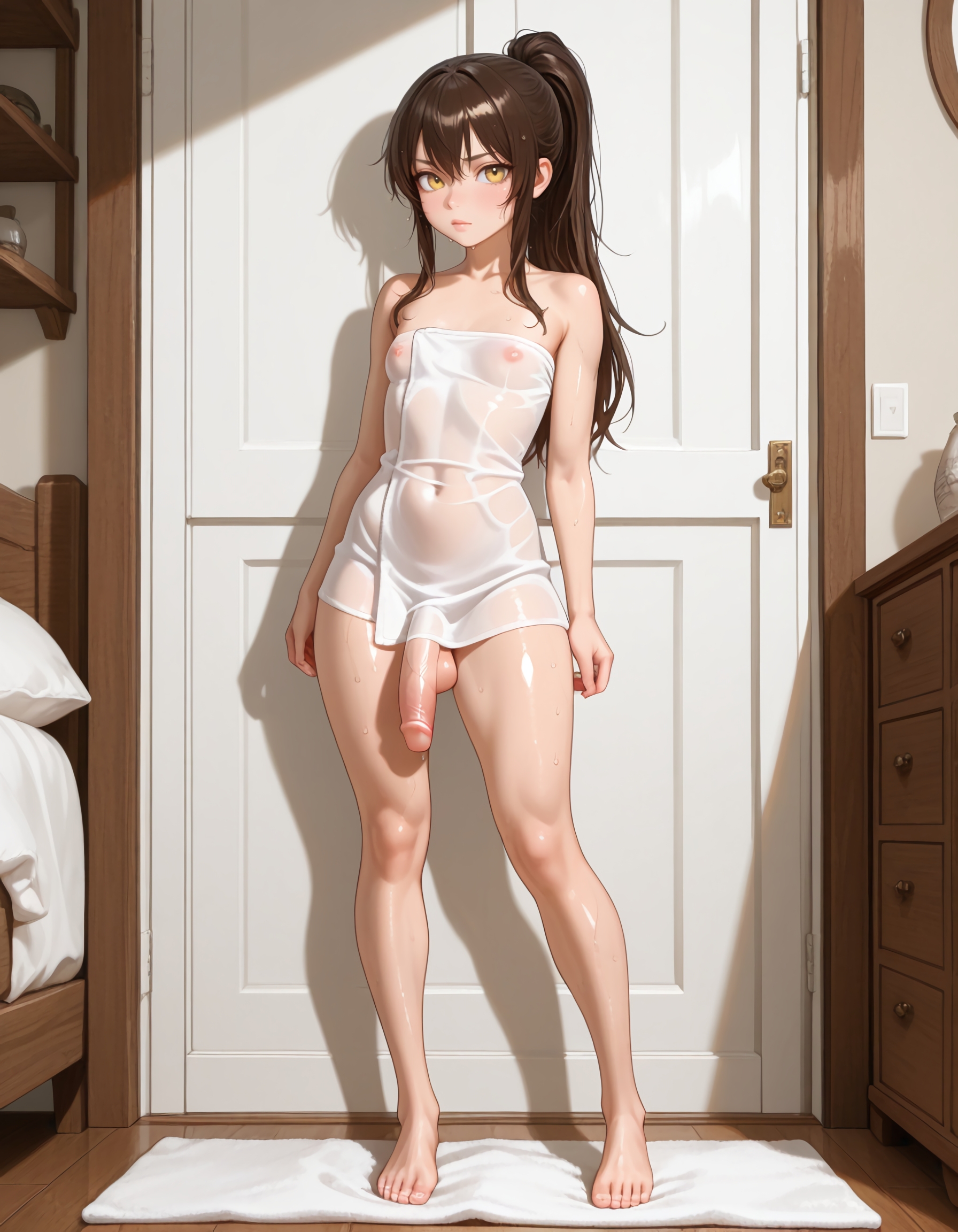 1boy, 1femboy, ai generated, amber (protocat), ass, balls, bare thighs, big penis, breasts, brown hair, brunette femboy, dick, femboy, feminine body, feminine faced male, feminine male, light skin, light-skinned femboy, long hair, male, male only, nipples, nipples visible through clothing, penis, perky breasts, ponytail, protocat, see-through, self upload, sidelocks, small breasts, solo, solo femboy, testicles, thick thighs, thighs, towel, towel only, trap, wet, wet body, wet skin, yellow eyes