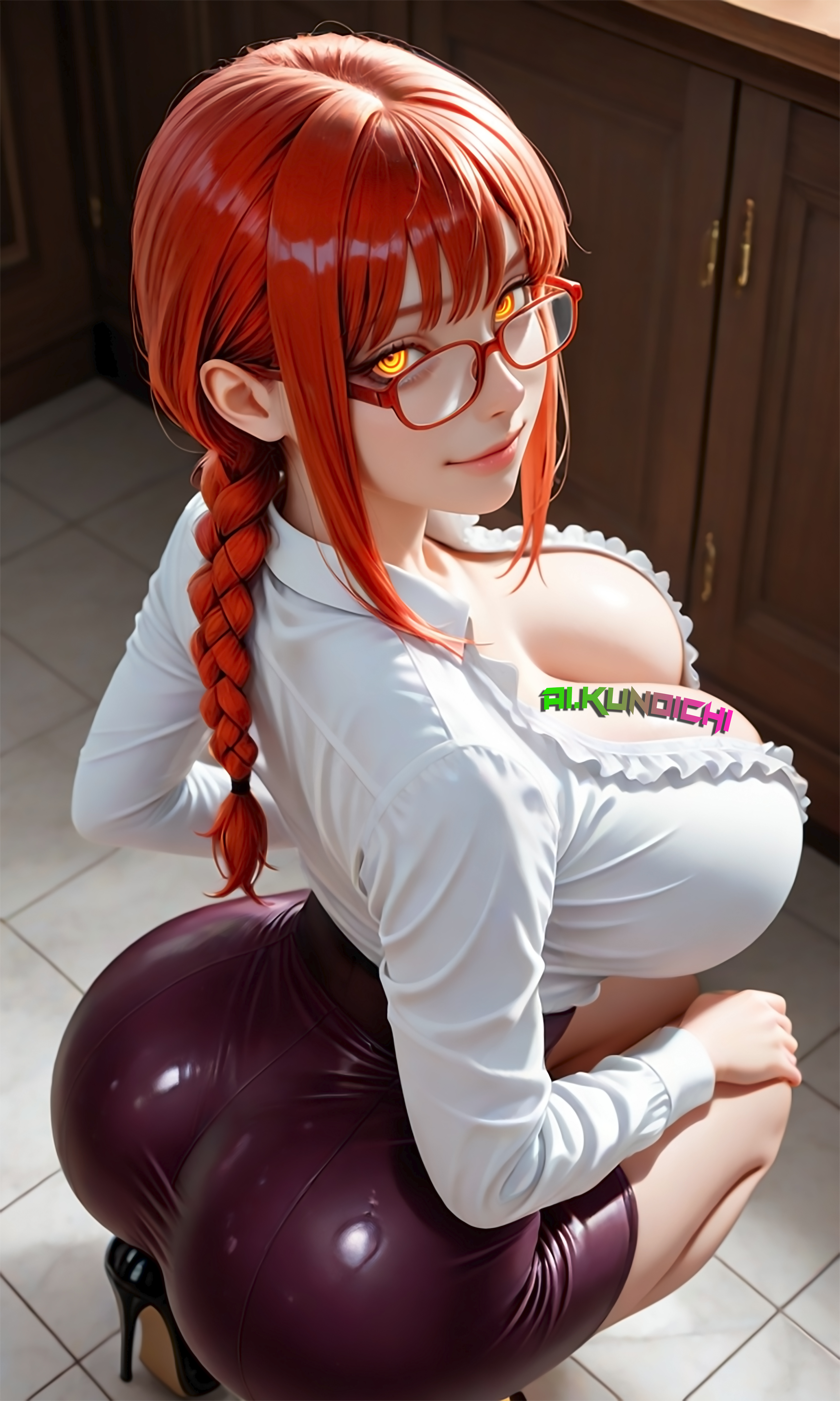 ai generated, aikunoichi, ass, booty, breasts, chainsaw man, female, glasses, high heels, looking at viewer, looking back, makima (chainsaw man), orange eyes, patreon, red hair, secretary, sexy, sfw, squatting