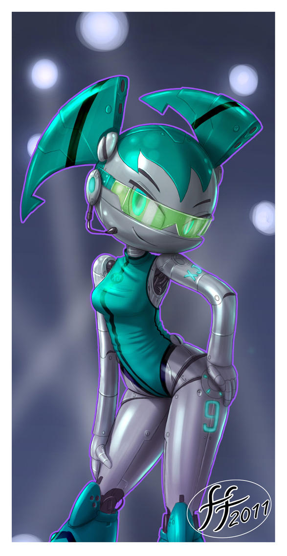 14-bis, 1girls, 2011, 2d, blue eyes, blue hair, female, female only, glasses, green-tinted eyewear, hand on hip, headset, humanoid, jenny wakeman, leaning, legs, my life as a teenage robot, nickelodeon, robot, robot girl, robot humanoid, smile, smooth skin, solo, standing, sunglasses, swimsuit, thighs, tinted eyewear, visor, xj-9