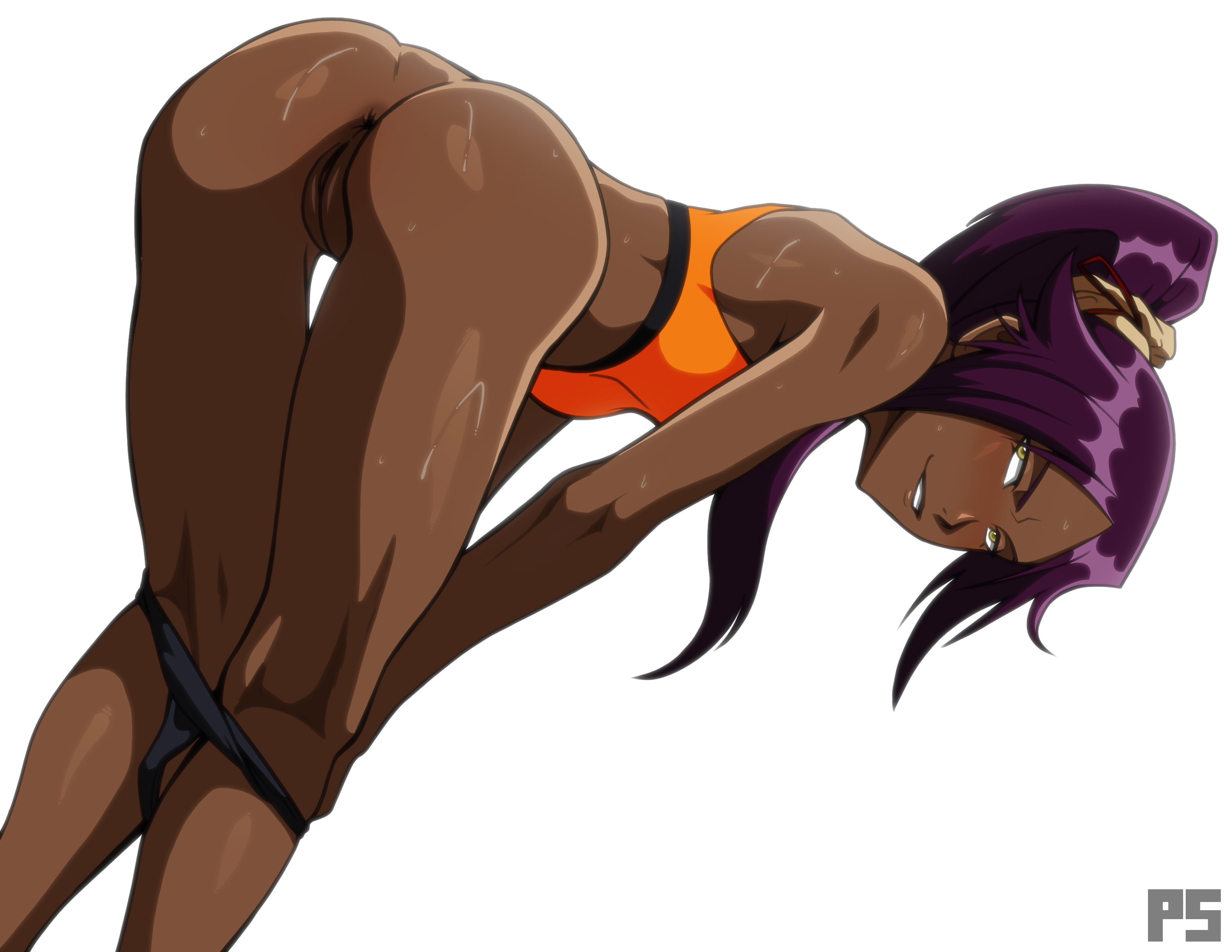 1girls, ass, bleach, blush, brown skin, dark skin, dark-skinned female, female, female only, from behind, legs together, looking at viewer, looking back, panties, panties down, ponytail, presenting, presenting ass, presenting pussy, pumpkinsinclair, purple hair, purple-haired female, pussy, shihouin yoruichi, solo, sports bra, sweat, tied hair, undressing, yellow eyes