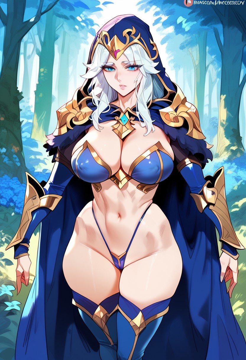 1girls, 2d, ai generated, armor, ashe (league of legends), big breasts, bikini armor, bra, breasts, cape, female, female focus, female only, forest, forest background, highleg, hood, hoodie, league of legends, navel, outdoors, panties, solo, solo female, solo focus, tagme, thighhighs
