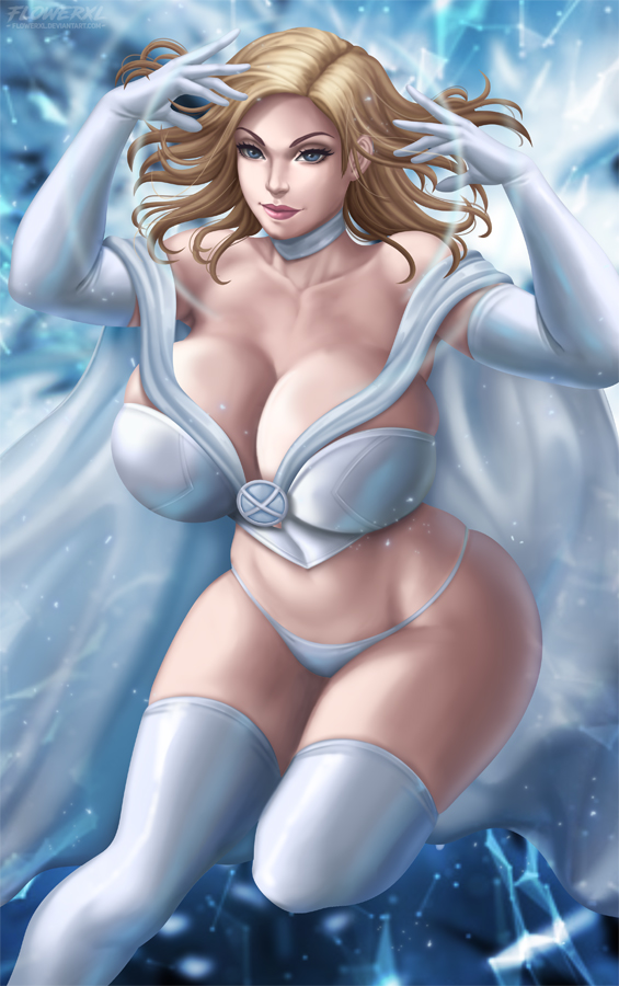 big breasts, bra, breasts, cleavage, emma frost, female, female only, flowerxl, large breasts, looking at viewer, marvel, marvel comics, panties, solo, thighhighs, x-men