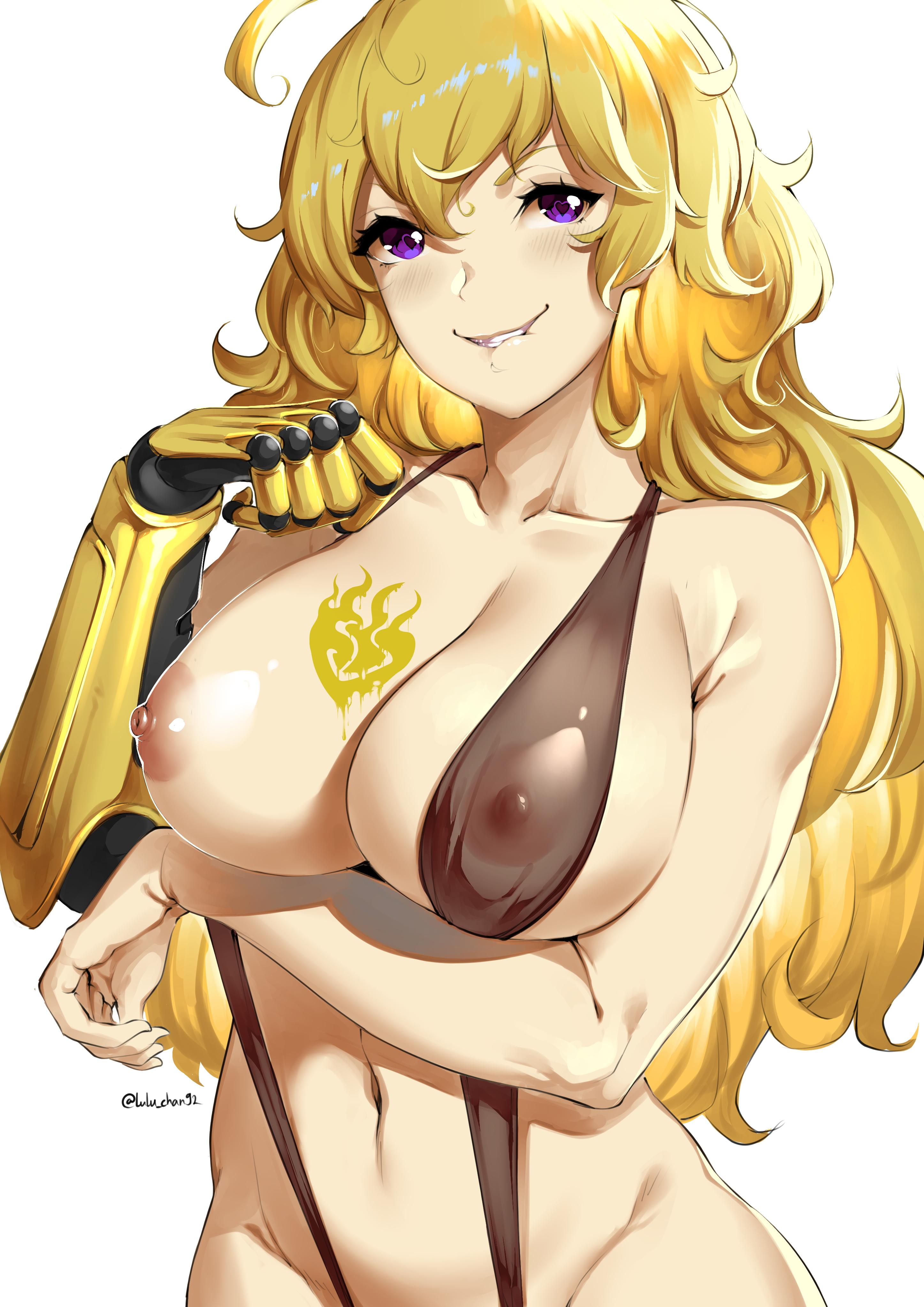 1girls, areolae, big breasts, blonde hair, blush, breasts, female, female only, long hair, lulu-chan92, nipples, prosthetic, prosthetic arm, purple eyes, robotic arm, rwby, see-through bikini, sling bikini, sling bikini aside, smile, solo, yang xiao long