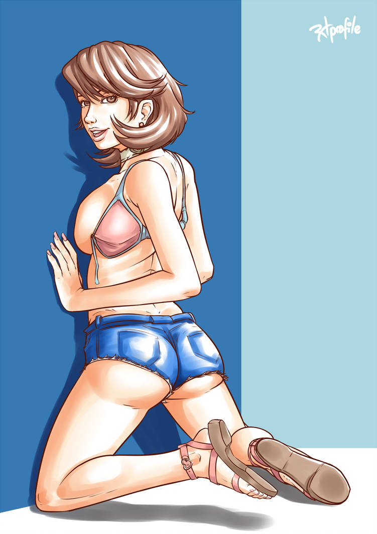 ass big_ass brown_eyes brown_hair collar denim_shorts female female_only human kneeling persona persona_3 pink_bra radprofile shoes short_hair shorts sideboob small_breasts smile solo topless yukari_takeba