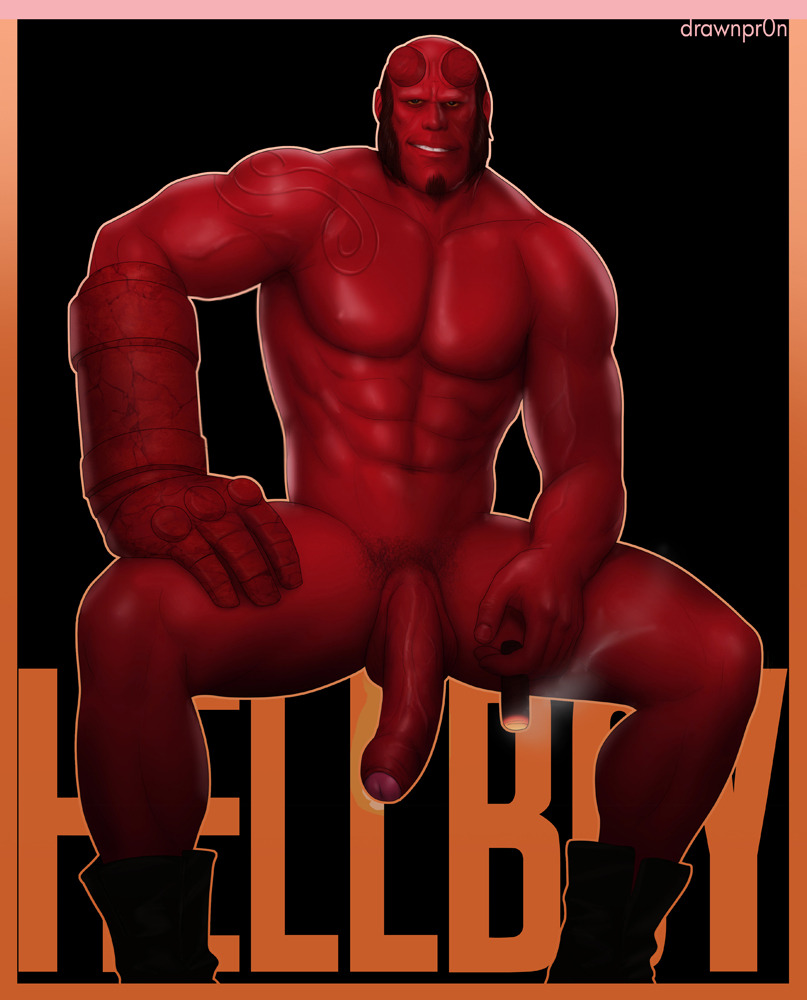 1boy 1male abs black_hair body_markings cigar dangling_testicles dark_horse demon drawnpr0n facial_hair flaccid foreskin hand_on_thigh hellboy hellboy_(series) intact long_penis looking_at_viewer male male_only muscles muscular naked_footwear nude outline partially_retracted_foreskin red_skin sideburns smoking solo spread_legs superhero uncut veiny_penis