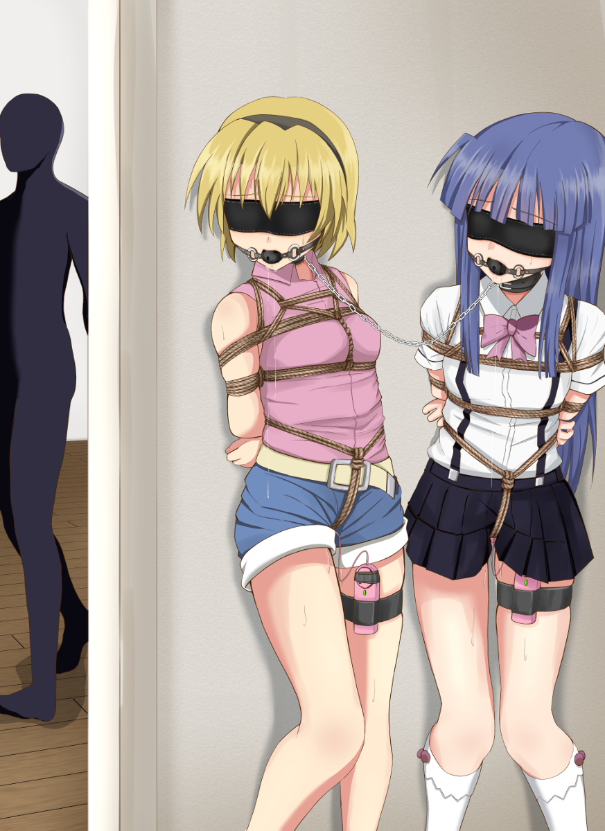 07th_expansion 2girls arms_behind_back ball_gag black_ball_gag blindfold blonde_hair blue_hair blue_skirt blush bondage bound bound_arms chains crotch_rope female femsub femto(artist) furude_rika gag gagged hairband hands_behind_back higurashi_no_naku_koro_ni houjou_satoko long_hair multiple_girls multiple_subs open_mouth purple_eyes rope saliva shirt shorts skirt slq socks standing tears teeth tied_up vibrator white_shirt white_socks