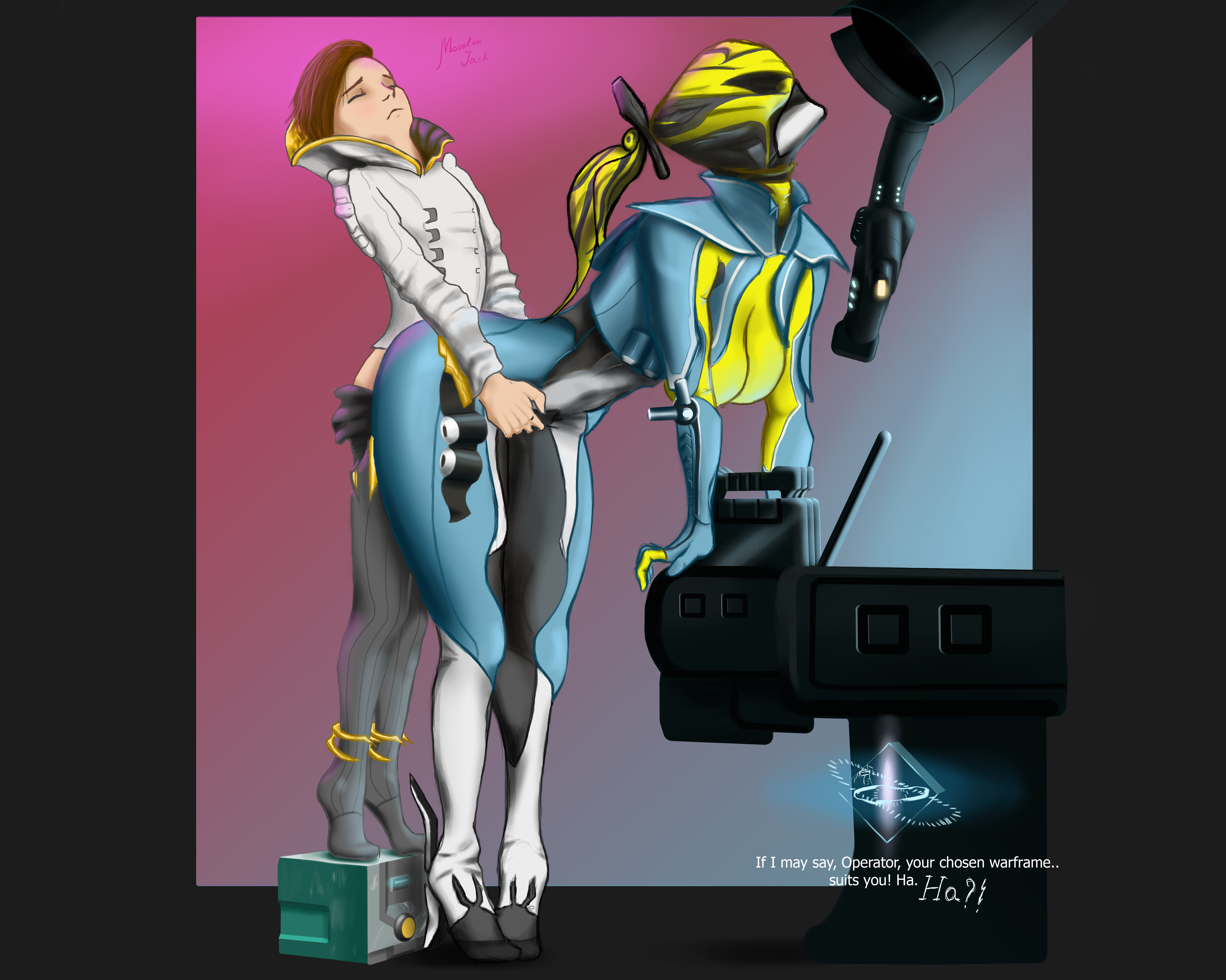 1boy, female, implied penetration, implied sex, male, mesa (warframe), moonlen-jack, operator (warframe), ordis (warframe), pleasure face, pleasure rape, size difference, warframe