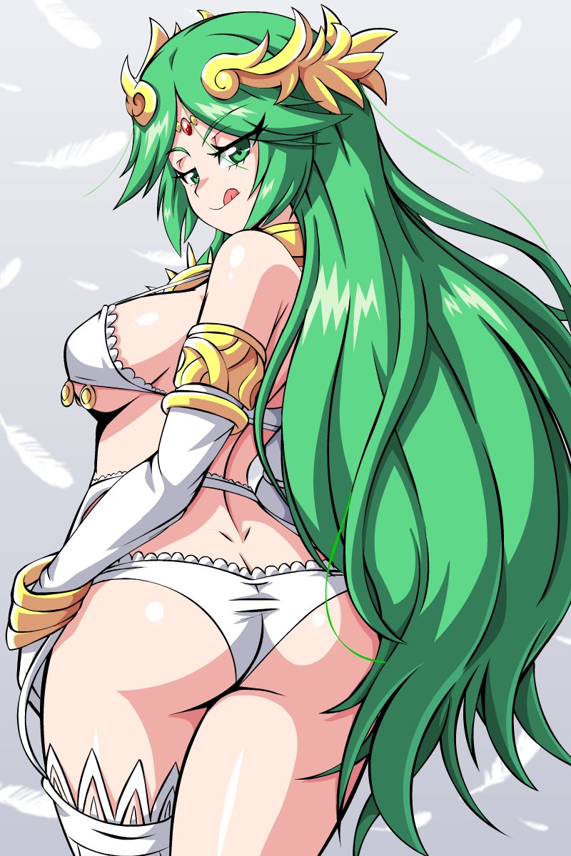 1girls, ass, big ass, big breasts, bra, breasts, busty, clothing, curvy, elbow gloves, eyelashes, female, female only, gloves, goddess, gold jewelry, green eyes, green hair, grey background, hair ornament, highres, kid icarus, kid icarus uprising, legwear, lewdamone, long green hair, long hair, looking at viewer, looking back, looking over shoulder, nintendo, palutena, panties, presenting, presenting hindquarters, sexually suggestive, shiny hair, shiny skin, simple background, skimpy, smile, solo, solo female, standing, stockings, thick thighs, thighhighs, tongue, tongue out, underboob, underwear, underwear only, white bra, white gloves, white legwear, white panties, white stockings, white thighhighs, white underwear, wide hips