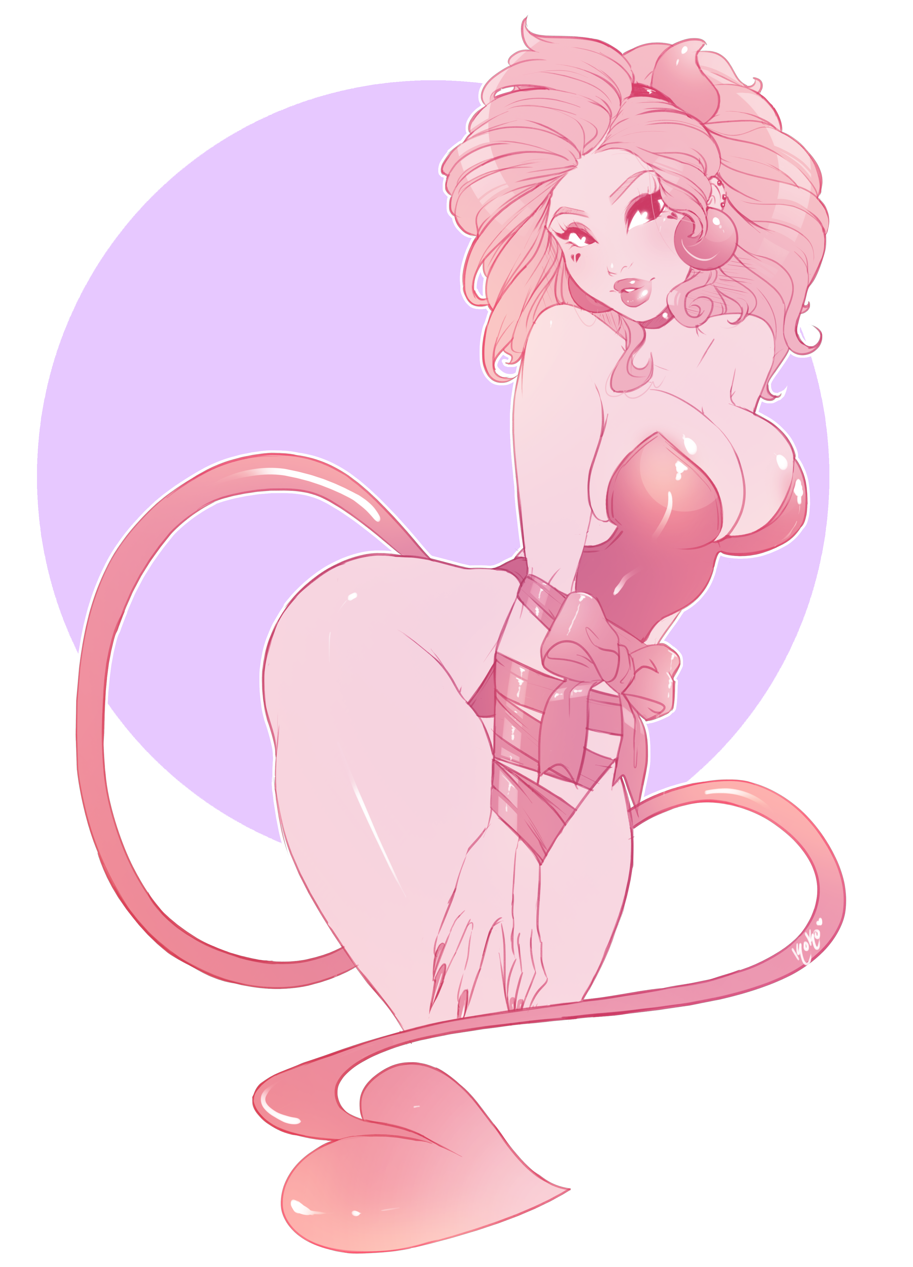 1girls, ass, bare shoulders, bondage, bow, breasts, choker, cleavage, clothing, collar, collarbone, cropped legs, demon, demon girl, demon horns, demon tail, earrings, female, female only, hair, hand on thigh, headband, heart, hips, horns, kokobuttz, leaning forward, leotard, lips, makeup, monochrome, monster girl, original, parted lips, pink hair, pink skin, pinup, ribbon, shiny, shoulders, simple background, skimpy, solo, spade tail, tail, thick lips, thighs, tied arms, tied up, wide hips
