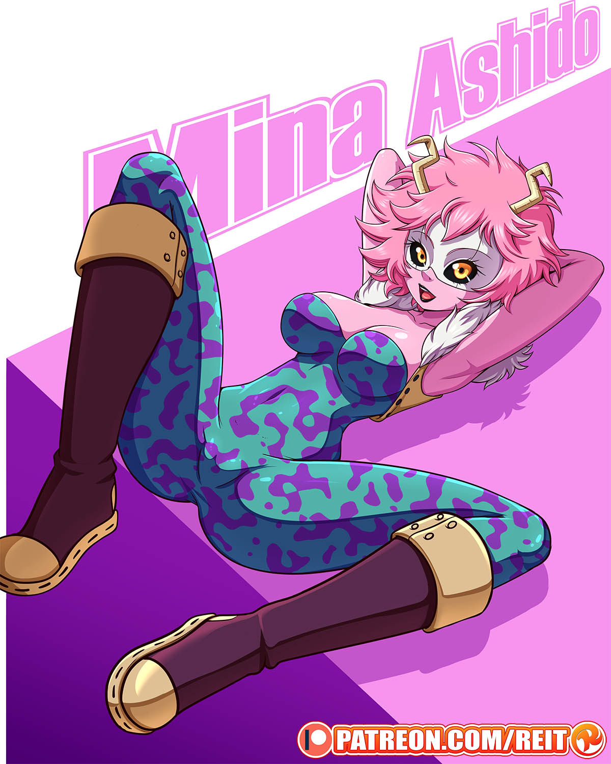 1girls, 2d, black sclera, bodysuit, boots, clothed, female, full color, fully clothed, hero outfit (mha), horns, latex, latex suit, mina ashido, my hero academia, no penetration, no sex, open legs, open mouth, patreon, pink hair, pink skin, reit, short hair, skin tight, solo, solo female, solo focus, spandex, yellow eyes