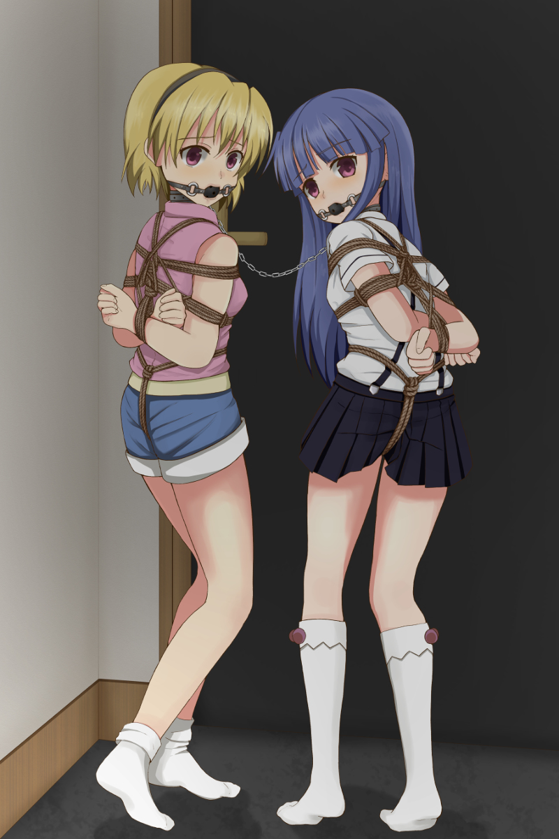 07th_expansion 2girls arms_behind_back ball_gag black_ball_gag blonde_hair blue_hair blue_skirt bondage bound bound_arms bound_hands bound_wrists chains crotch_rope female female_only femsub femto(artist) furude_rika gag gagged hairband hands_behind_back higurashi_no_naku_koro_ni houjou_satoko long_hair looking_back multiple_girls multiple_subs no_shoes purple_eyes rope shirt shorts skirt socks standing tied_up white_shirt white_socks