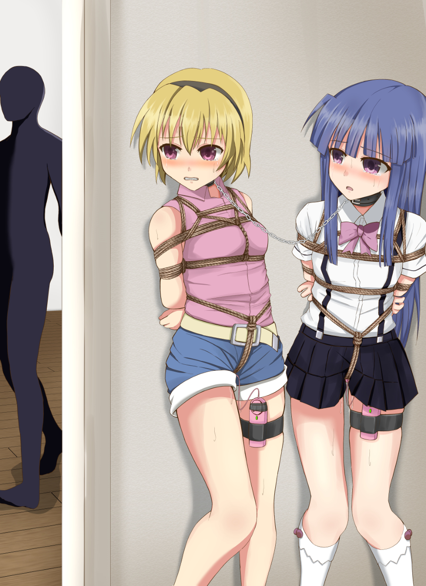 07th_expansion 2girls blonde_hair blue_hair blue_skirt blush bound chains femto(artist) furude_rika hairband hands_behind_back higurashi_no_naku_koro_ni houjou_satoko long_hair multiple_girls open_mouth purple_eyes shirt shorts skirt slq socks standing tears teeth vibrator white_shirt white_socks