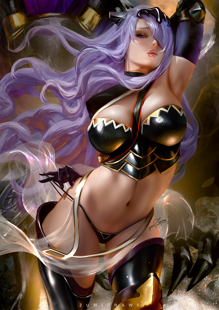 big breasts, black gloves, breasts, camilla (fire emblem), cleavage, female, female only, fire emblem, fire emblem fates, gloves, large breasts, looking at viewer, nintendo, panties, shiny, solo, thighhighs, zumi