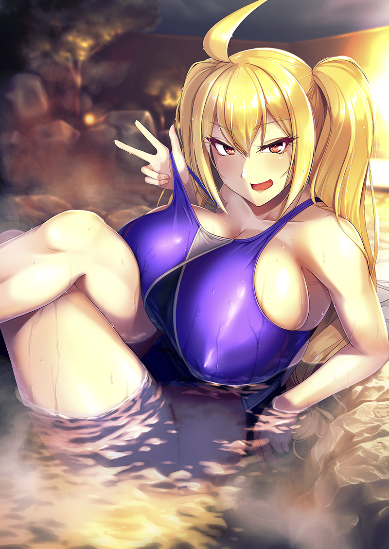 1girls 8000 ahoge bangs blonde_hair blue_swimsuit blush borrowed_character breasts competition_swimsuit elbow_gloves erect_nipples eyebrows_visible_through_hair fang female hair_between_eyes haks half-closed_eyes huge_breasts legs_crossed long_hair looking_at_viewer night one-piece_swimsuit onsen open_mouth original partially_submerged reclining saaya_(kirome) sauna see-through smile solo steam swimsuit swimsuit_tug twintails virtual_youtuber wet