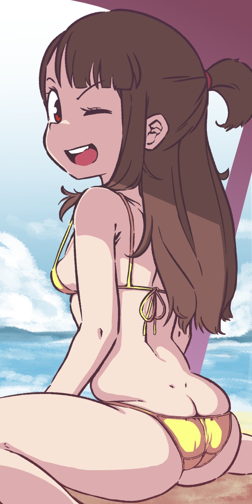 1girls akko_kagari ass atsuko_kagari back back_view beach bikini bikini_top breasts brown_hair butt_crack chubby chubby_female cloud clouds colored dimples_of_venus eyelashes female female_only hairband kagari_atsuko little_witch_academia long_hair looking_at_viewer looking_back ocean one_eye_closed open_mouth orenji red_eyes sand sideboob sitting sky small_breasts solo solo_focus swimsuit water wink yellow_bikini yellow_swimsuit