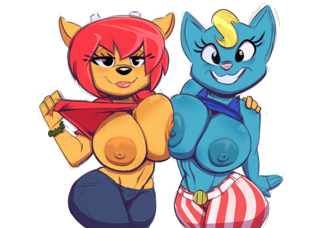 2girls animal_ears anthro anthrofied areolae belt big_areola big_nipples black_eyes black_nose blonde_hair blue_nipples bracelet breasts breasts_out brown_nipples canon_couple caprine casual dark_nipples duo eyelashes feline female female_only flashing furry hair hand_on_shoulder horns huge_areolae huge_breasts huge_nipples jeans joelasko katy_kat lammy_lamb large_breasts lesbian lesbian_couple lesbians looking_at_viewer mammal navel nipples no_bra pants parappa_the_rapper pink_nose playstation presenting_breasts red_hair redhead sheep shirt_lift simple_background smile thick_thighs toned um_jammer_lammy video_games white_background wide_hips wristwear yellow_hair