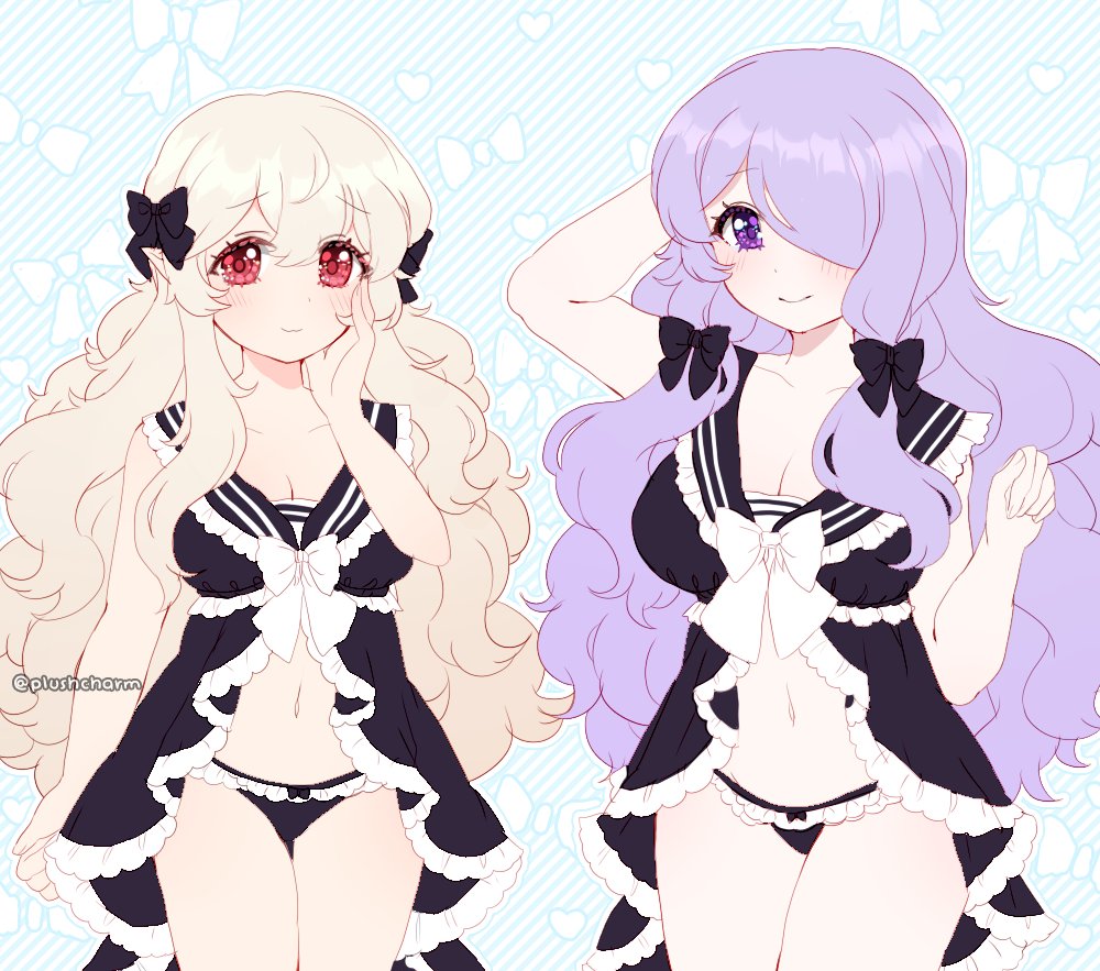 2girls black_bow blush bow breasts camilla_(fire_emblem) cleavage closed_mouth corrin_(fire_emblem) corrin_(fire_emblem)_(female) elf female fire_emblem fire_emblem_fates hair_ornament hair_over_one_eye hairbow hand_on_own_face large_breasts long_hair medium_breasts multiple_girls navel nintendo one_arm_up plushcharm purple_eyes purple_hair red_eyes smile twitter_username white_hair