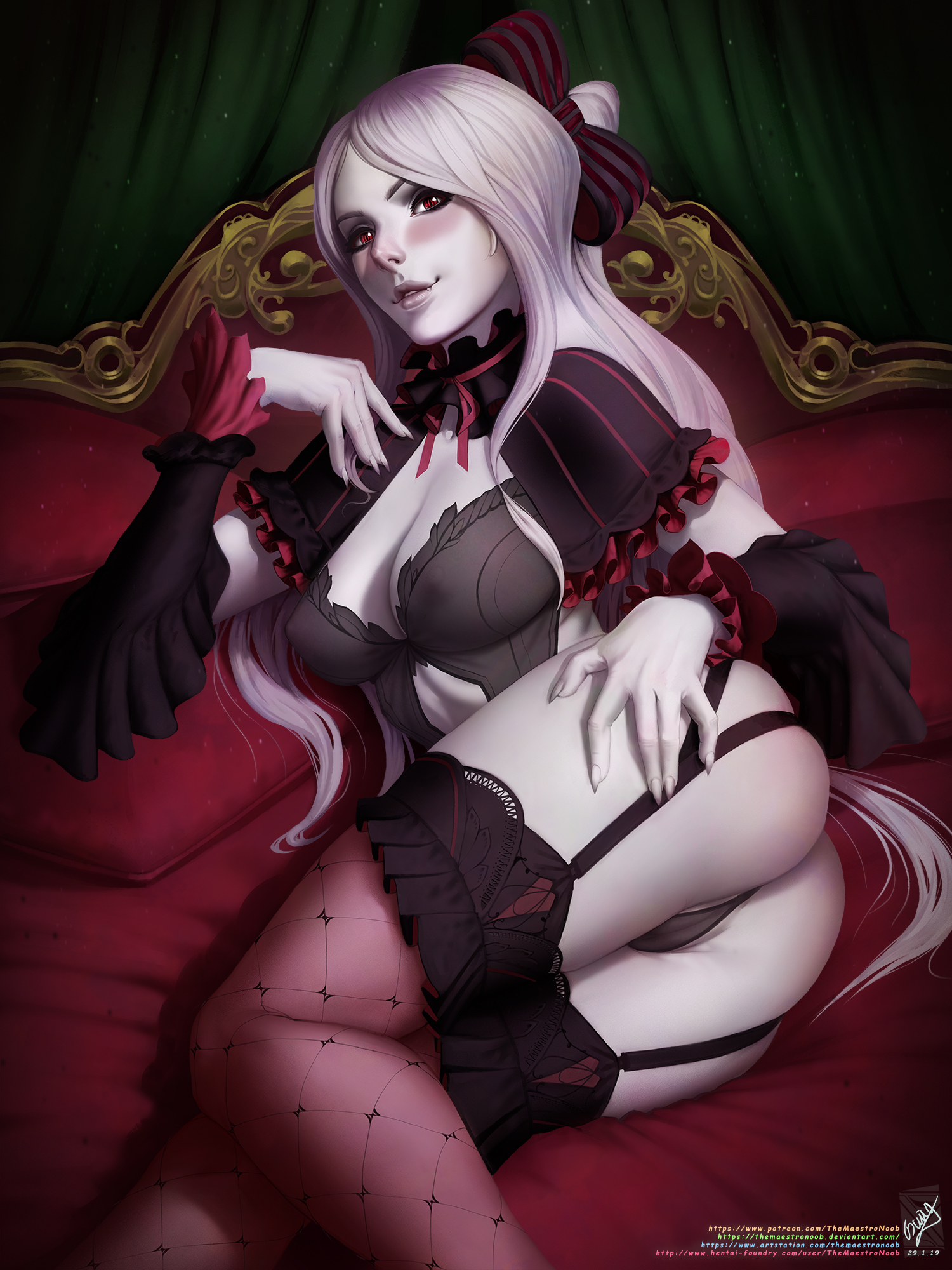 2019, ass, breasts, cleavage, color, female, female only, garter belt, highres, lingerie, looking at viewer, looking back, nipples visible through clothing, overlord (maruyama), panties, shalltear bloodfallen, solo, themaestronoob, thighhighs, vampire, white hair