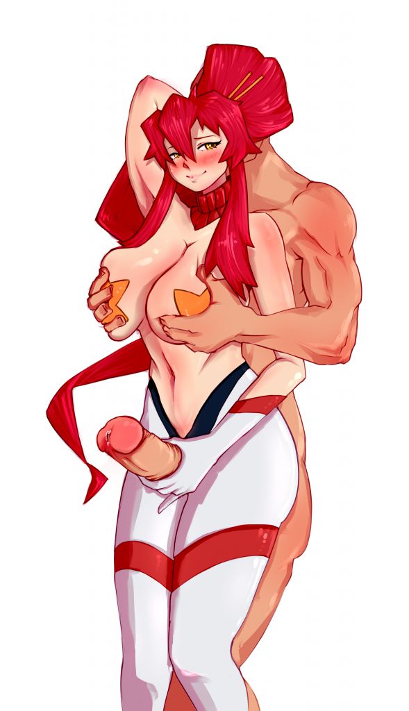 1boy 1girls blush female handjob huge_breasts huge_cock orange_pasties pasties red_hair space_yoko star_pasties tagme tengen_toppa_gurren_lagann thigh_sex yellow_eyes yoko_littner