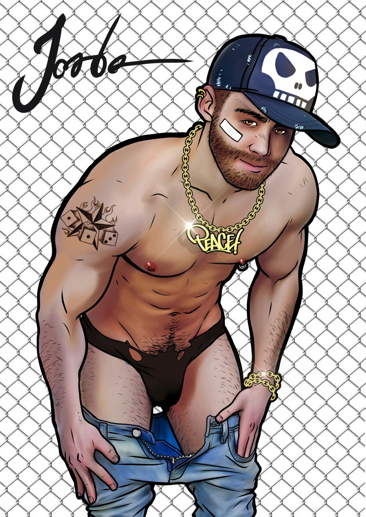 1boy abs bandaid baseball_cap bent_over briefs chav fence gold_chain hairy human jewelry jorden_arts looking_at_viewer male male_only muscles pubic_hair removing_pants ripped_clothing six_pack solo stubble tattoo text underwear