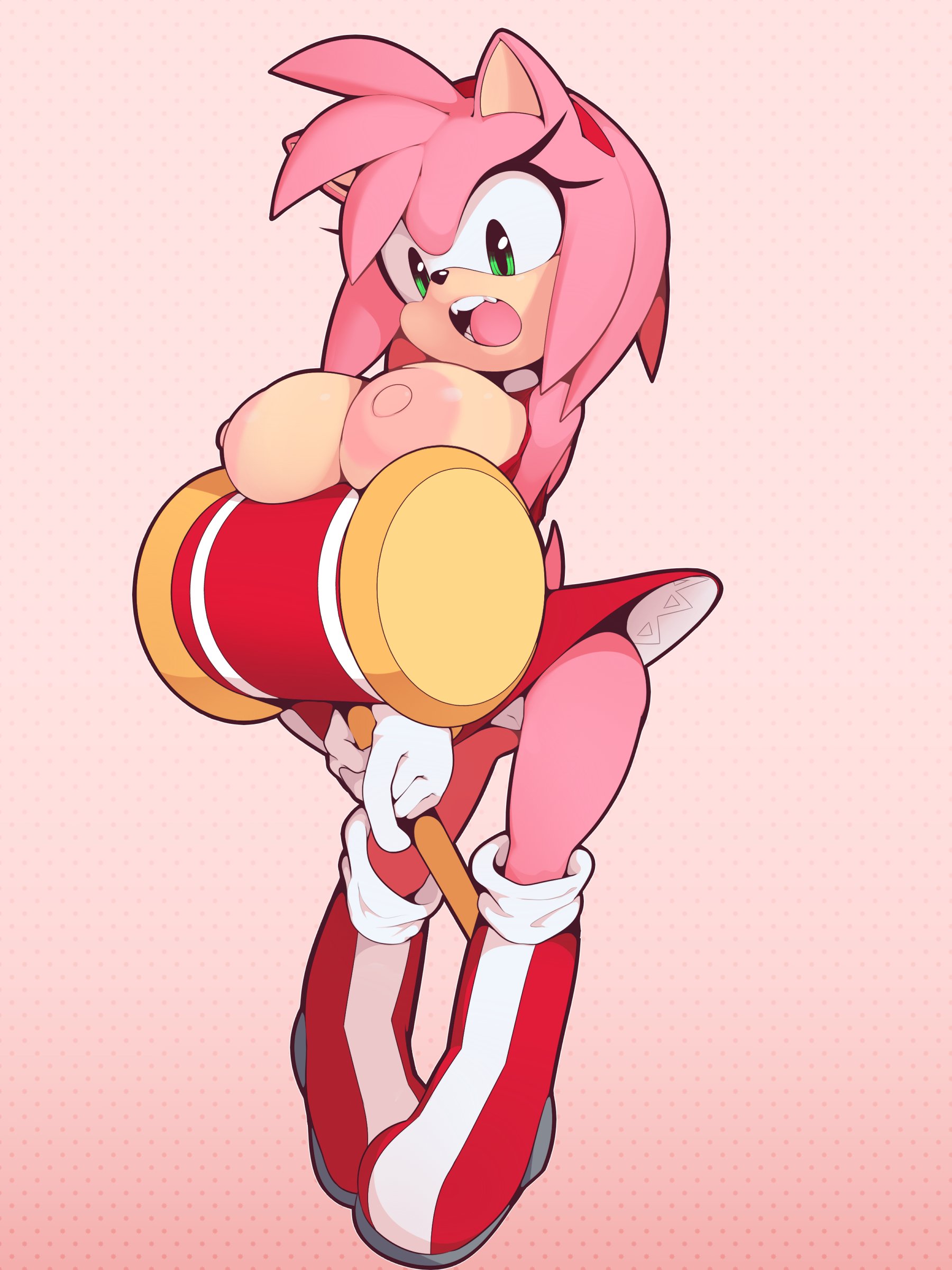 amy rose, anthro, breasts, eyelashes, female, fur, furry, green eyes, hammer, hedgehog, innie pussy, looking down, open mouth, piko piko hammer, piko-piko hammer, pink fur, plantpenetrator, pussy, sega, short hair, skirt, sonic (series), sonic the hedgehog (series)