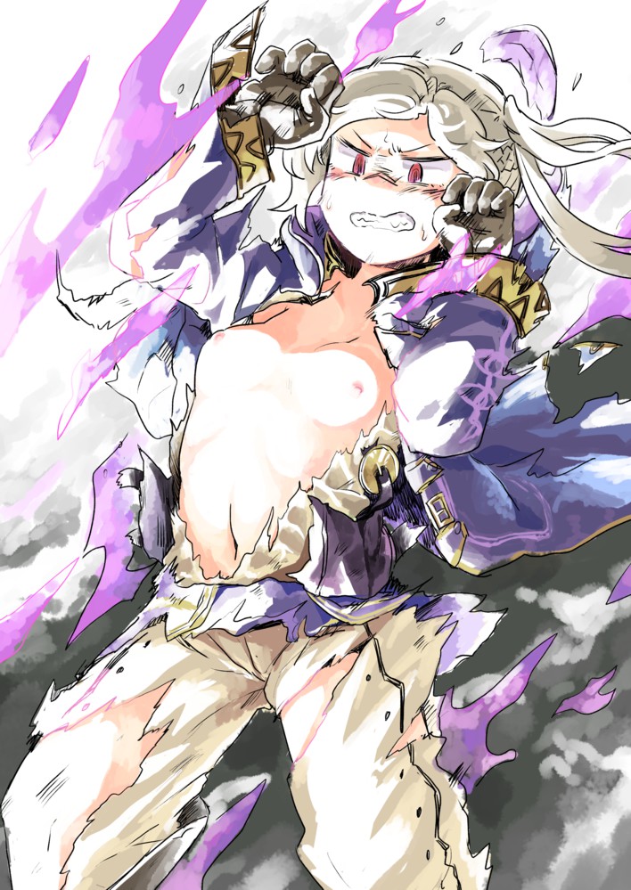 aura breasts clenched_teeth dark_aura dark_persona female fire_emblem fire_emblem_awakening gloves grima_(fire_emblem) high_resolution long_sleeves navel nipples pants red_eyes robin_(fire_emblem) robin_(fire_emblem)_(female) sekaihebi small_breasts solo teeth tied_hair torn_clothes torn_pants twintails very_high_resolution white_hair