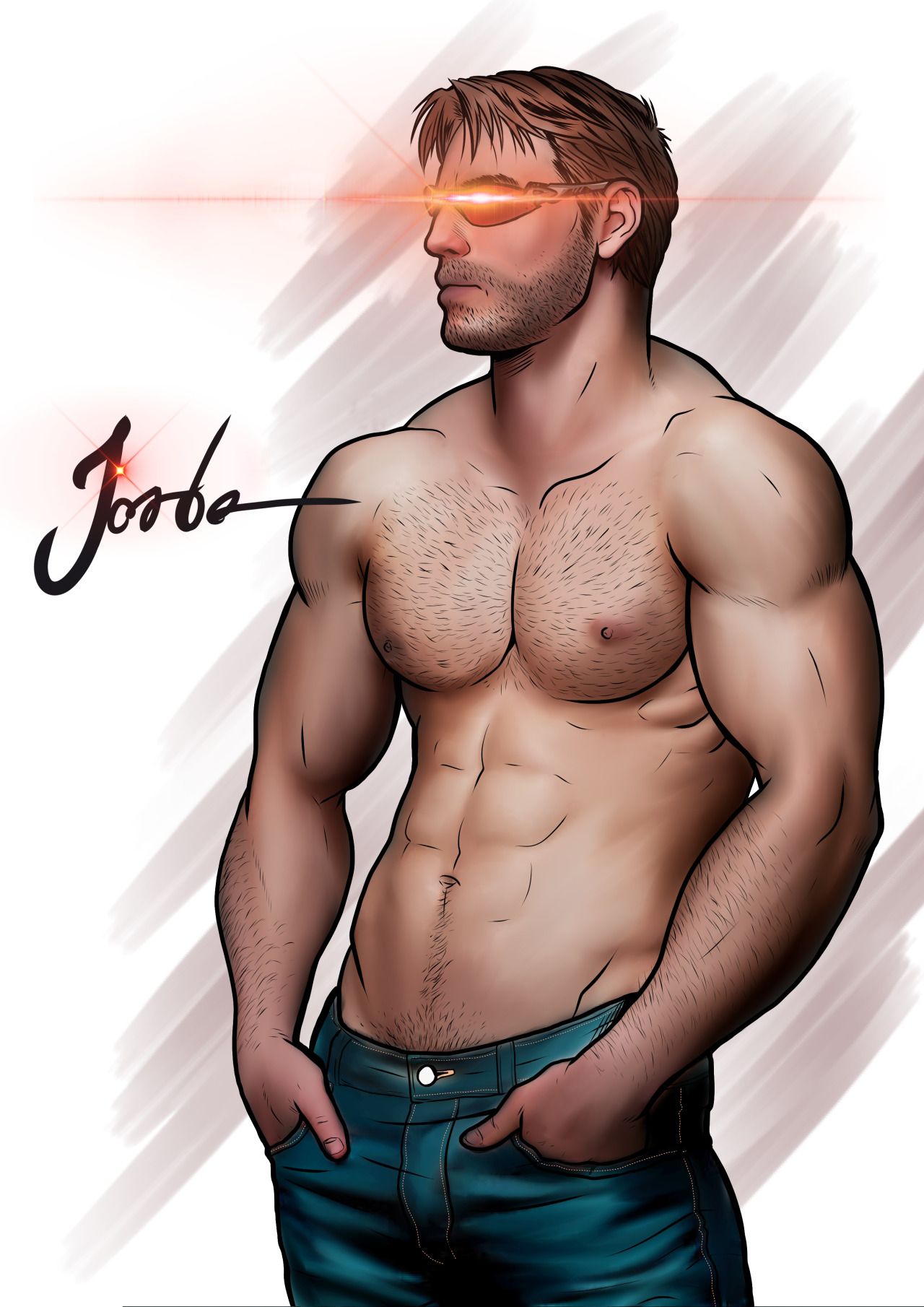 abs beard brown cyclops_(x-men) eyes eyewear glasses glowing hair jeans jorden_arts male male_only marvel muscular mutant red scott_summers shirtless solo superhero x-men