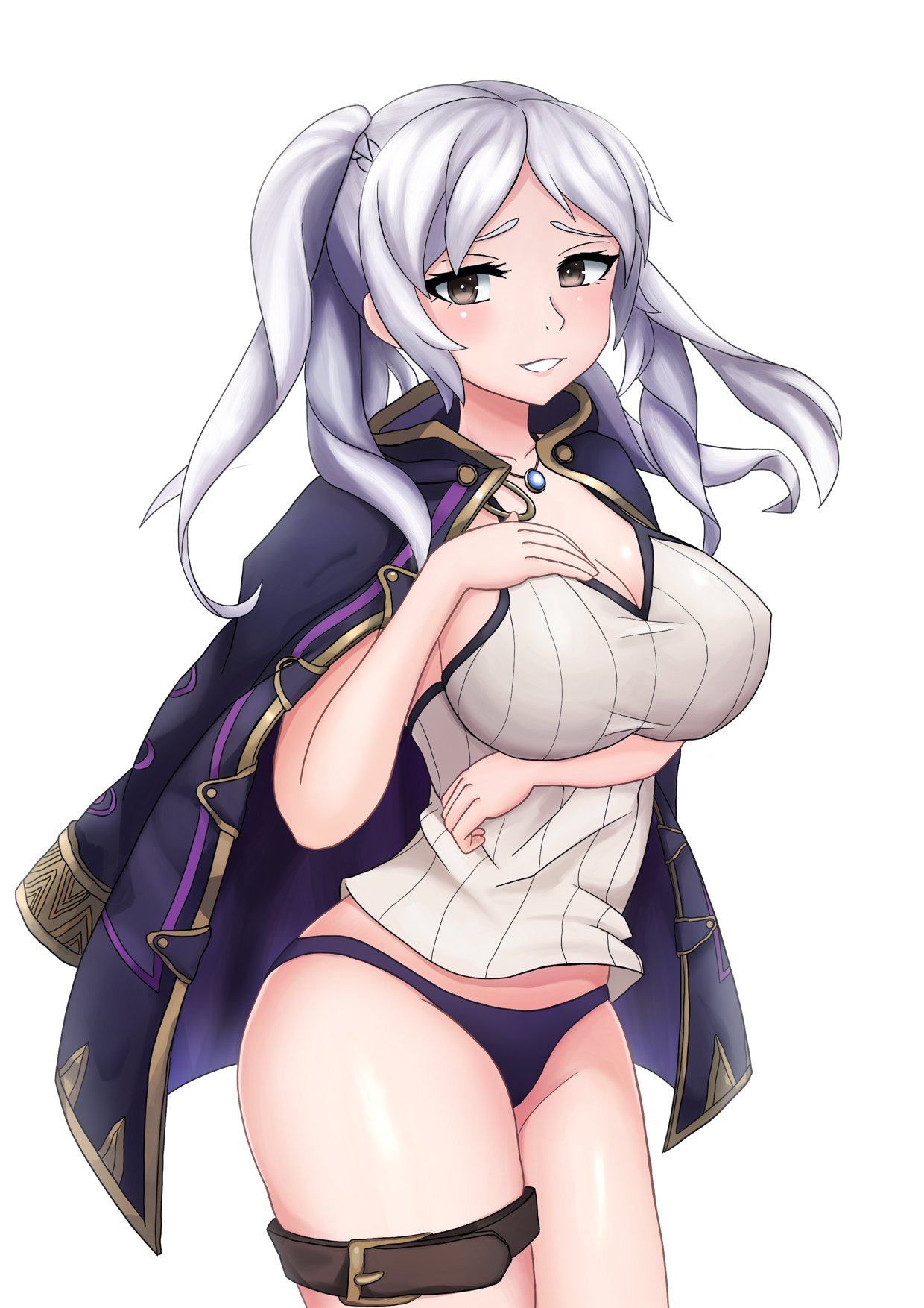 bikini_bottom breast_hold breasts cleavage cowboy_shot female fire_emblem fire_emblem_awakening hand_on_chest hand_on_own_chest high_resolution jewelry large_breasts looking_at_viewer medium_hair necklace purple_bikini_bottom purple_eyes ribbed_shirt robe robin_(fire_emblem) robin_(fire_emblem)_(female) shirt silver_hair simple_background smile solo thigh_strap tied_hair twintails white_background yan_kodiac