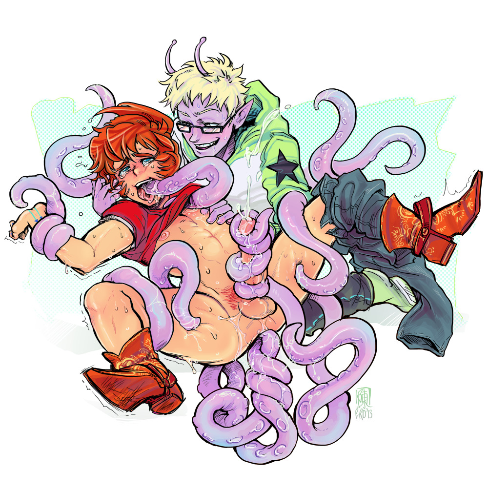 2boys blonde_hair cum erection gay glasses jeans leg_lift leg_spread male_only nipples p-ro penis penis_grab purple_skin red_hair sweat tentacle tentacle_on_male tentacle_sex tentacles_in_anus testicles yaoi