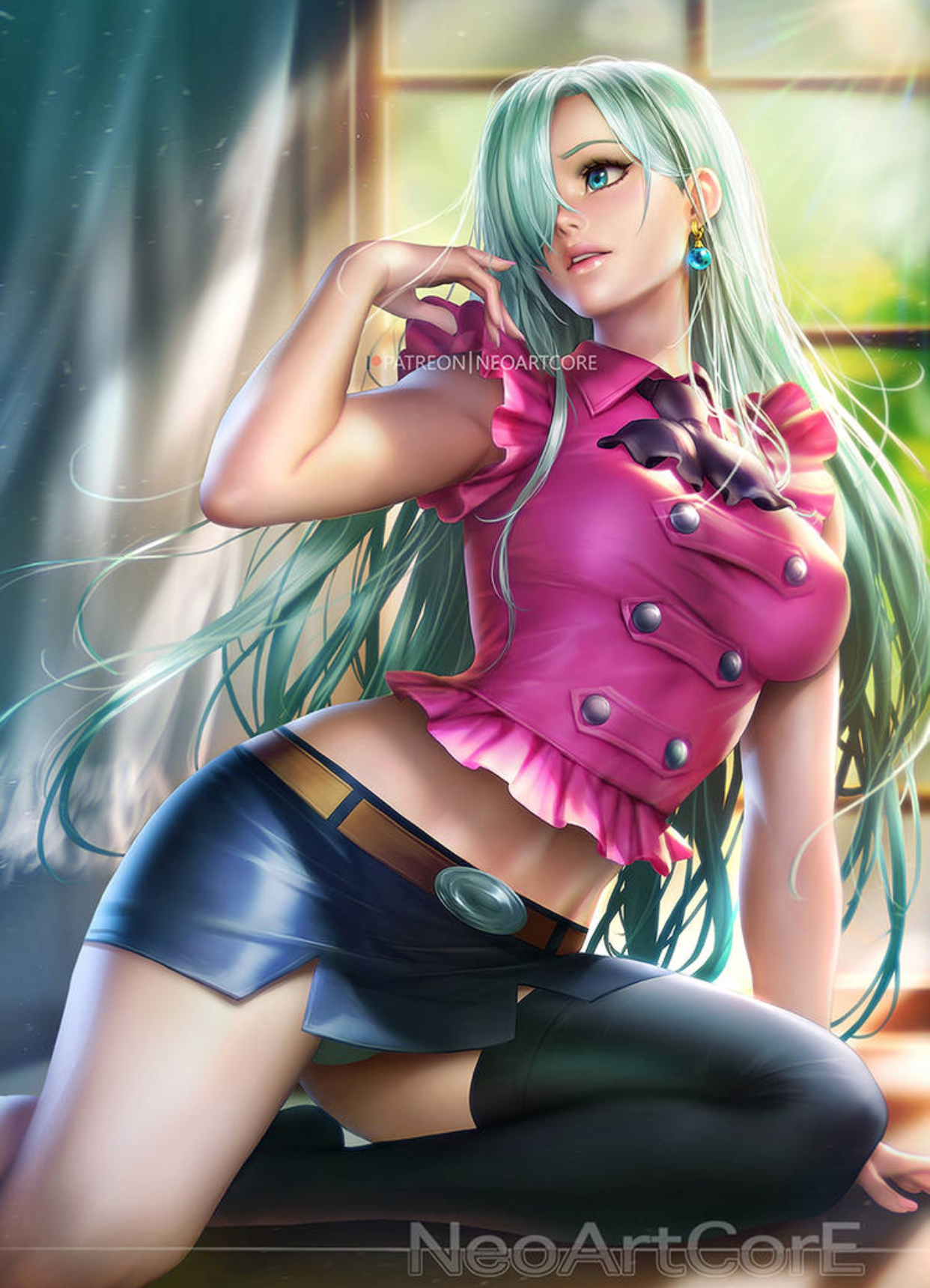 1girls, clothing, elizabeth liones, female, female only, fully clothed, green hair, nanatsu no taizai, neoartcore, panties, seven deadly sins, solo, stomach, thighhighs, uniform