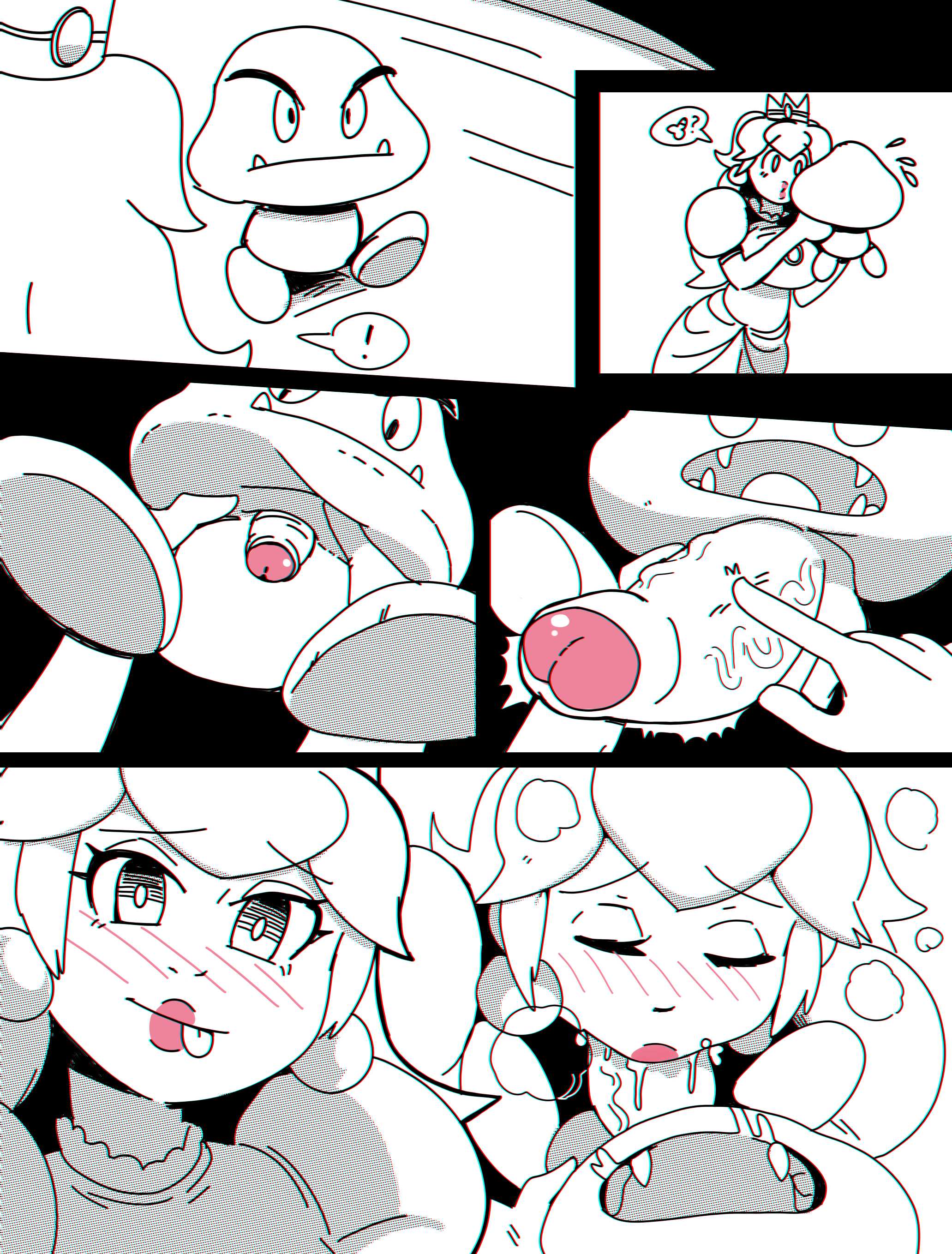 1boy, 1girls, 2019, balls, big penis, blush, comic, erection, fellatio, female, goomba, interspecies, limited palette, lips, male, mario (series), monochrome, near monochrome, nintendo, oral, partially colored, penis, princess peach, smaller male, soft color, spot color, testicles, vein, veiny penis, wolfgang bang