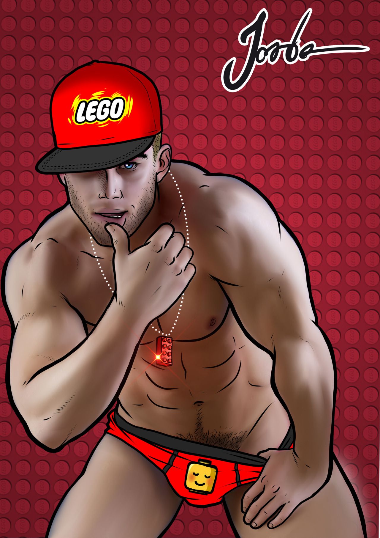 baseball_cap chav jorden_arts lego looking_at_viewer male male_only muscle necklace red red_underwear underwear underwear_pull