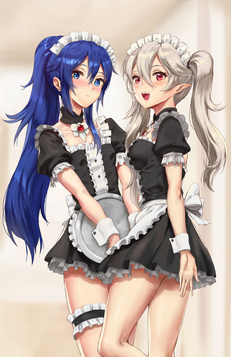 2girls alternate_costume alternate_hairstyle apron arm_at_side athenawyrm blue_eyes blue_hair blurry blurry_background blush breasts brooch buttons collarbone corrin_(fire_emblem) corrin_(fire_emblem)_(female) elf female fire_emblem fire_emblem_awakening fire_emblem_fates flat_chest frilled_apron frilled_skirt frills highres jewelry light_blush long_hair looking_at_viewer looking_back lucina_(fire_emblem) maid maid_apron maid_headdress multiple_girls oerba_yun_fang open_mouth pointy_ears puffy_short_sleeves puffy_sleeves red_eyes short_sleeves silver_hair skirt small_breasts smile standing thigh_scrunchie tied_hair tray twintails very_long_hair wrist_cuffs